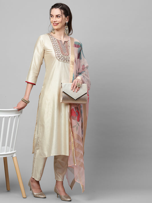 IE Off White Embroidered Straight Kurta Trouser With Dupatta Set