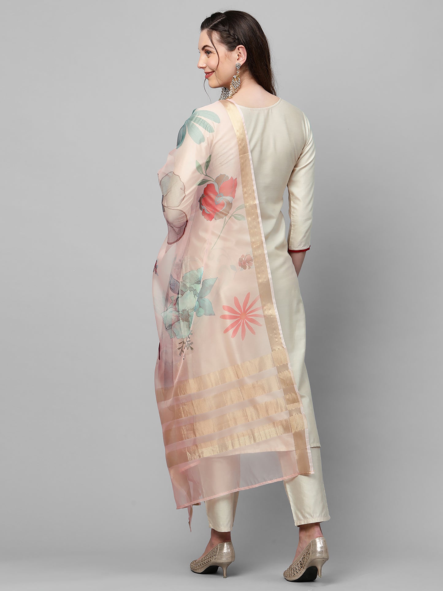 IE Off White Embroidered Straight Kurta Trouser With Dupatta Set