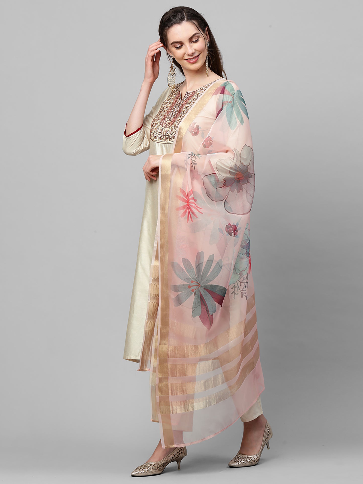 IE Off White Embroidered Straight Kurta Trouser With Dupatta Set