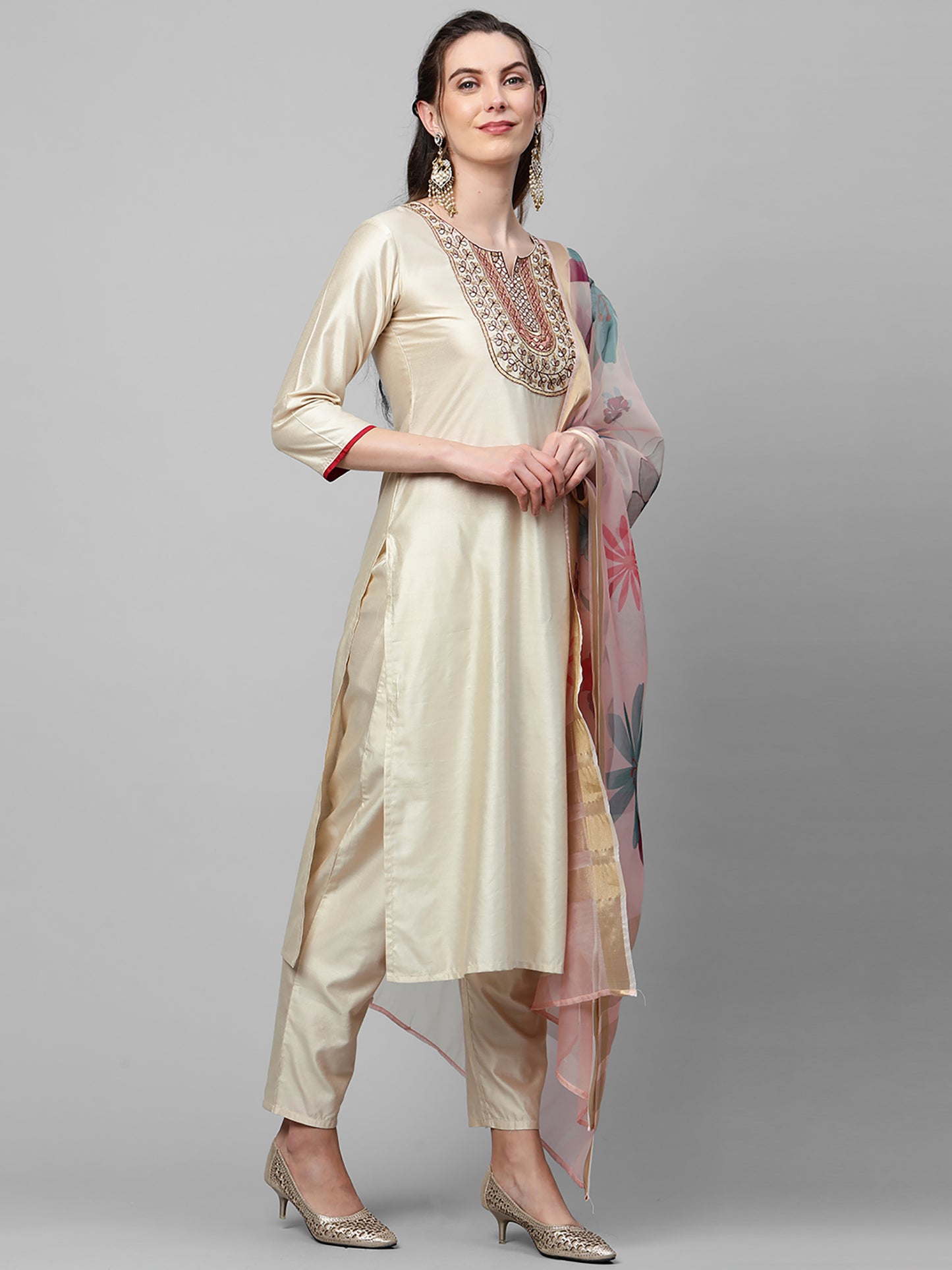 IE Off White Embroidered Straight Kurta Trouser With Dupatta Set