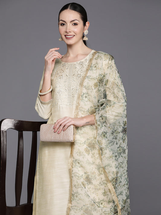 IE Off White Embroidered Straight Kurta Trousers With Dupatta Set