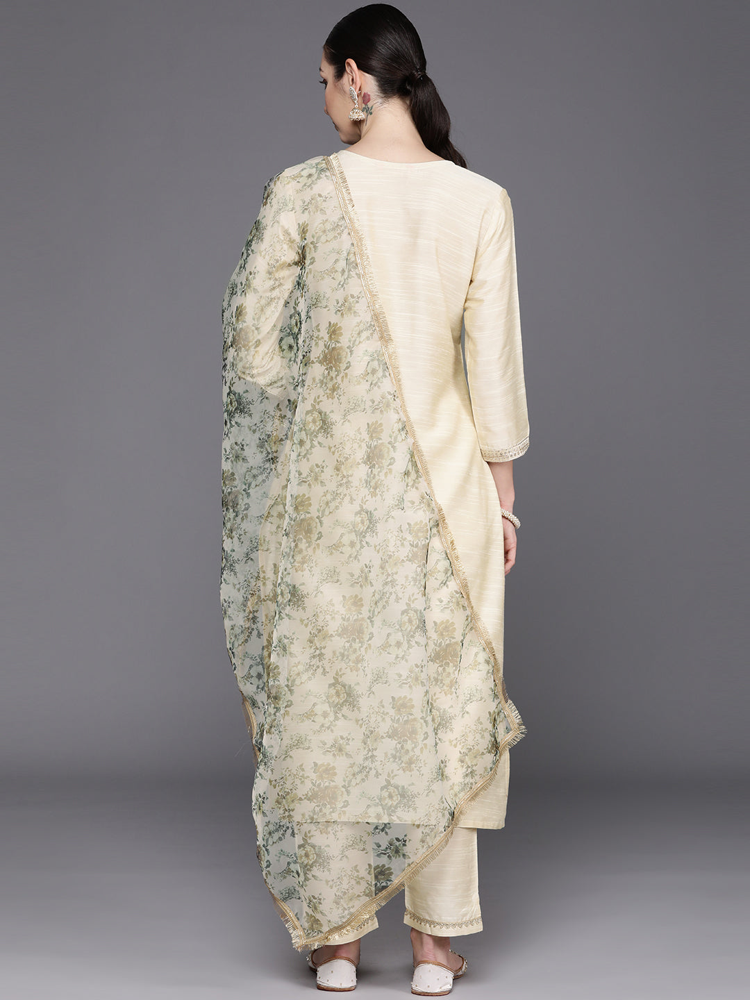 IE Off White Embroidered Straight Kurta Trousers With Dupatta Set