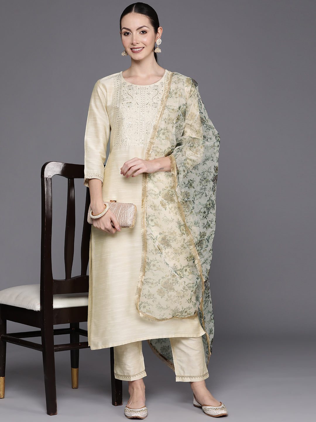 IE Off White Embroidered Straight Kurta Trousers With Dupatta Set