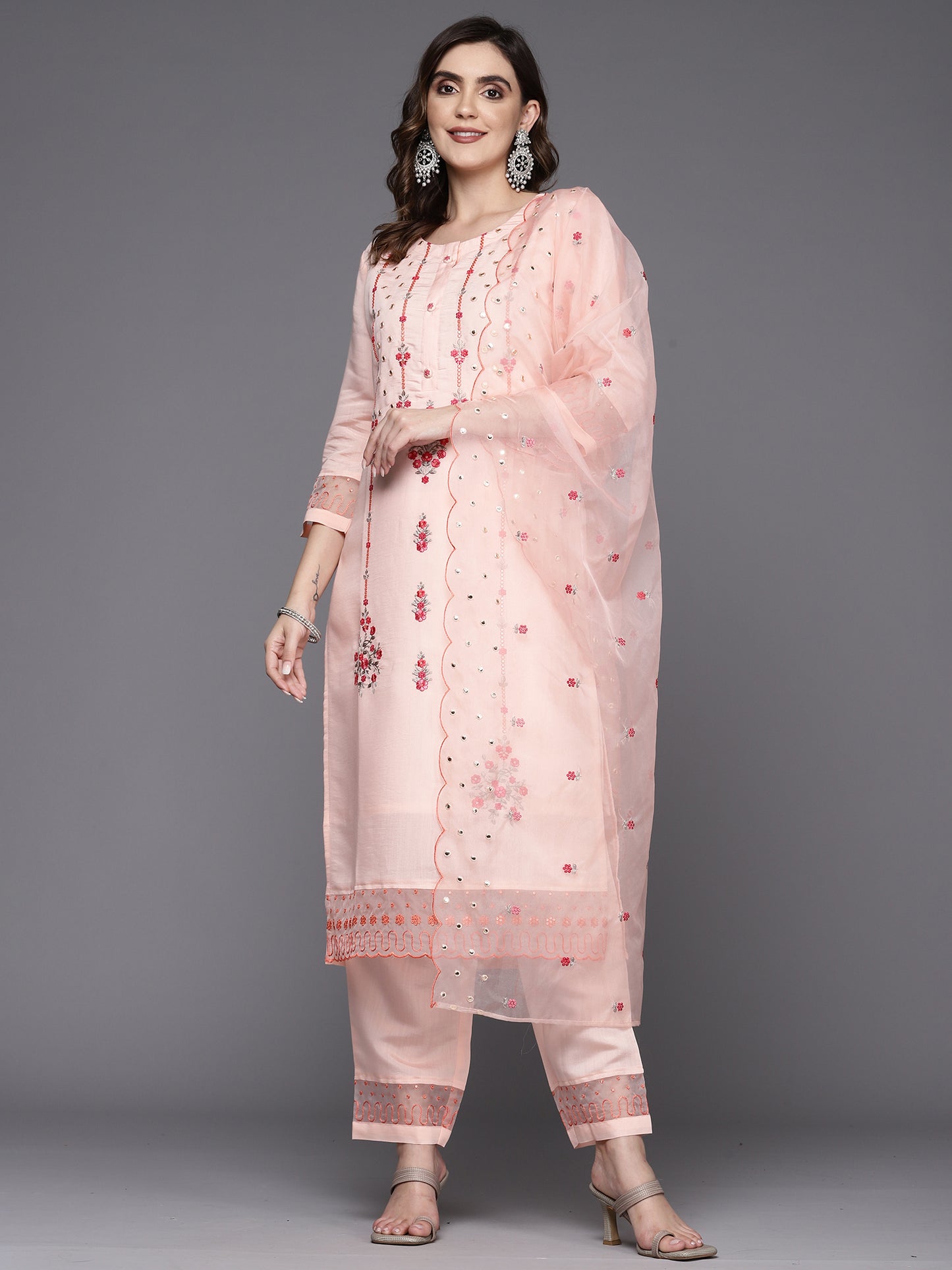 IE Peach Embroidered Straight Kurta Trousers With Dupatta Set