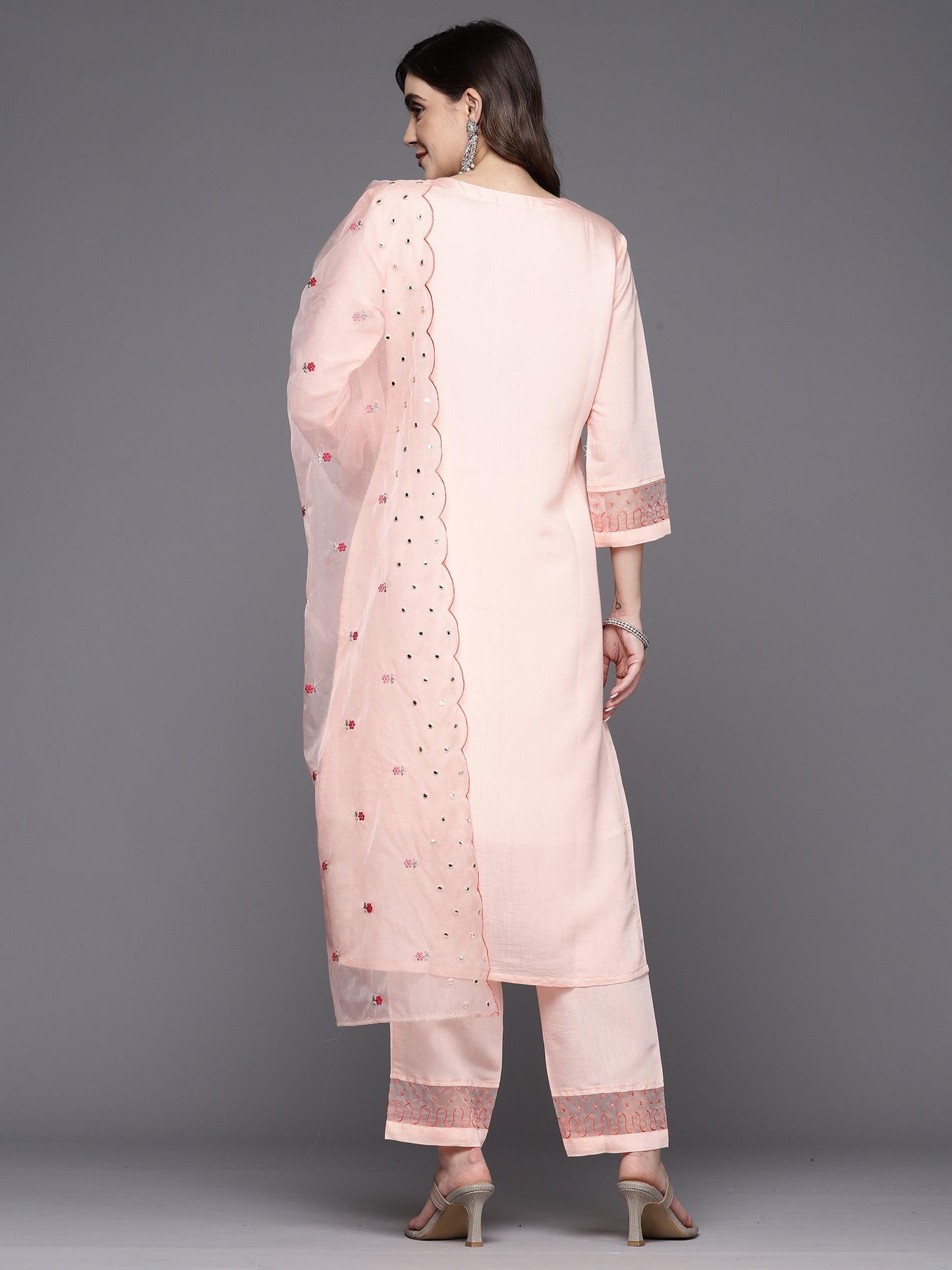 IE Peach Embroidered Straight Kurta Trousers With Dupatta Set