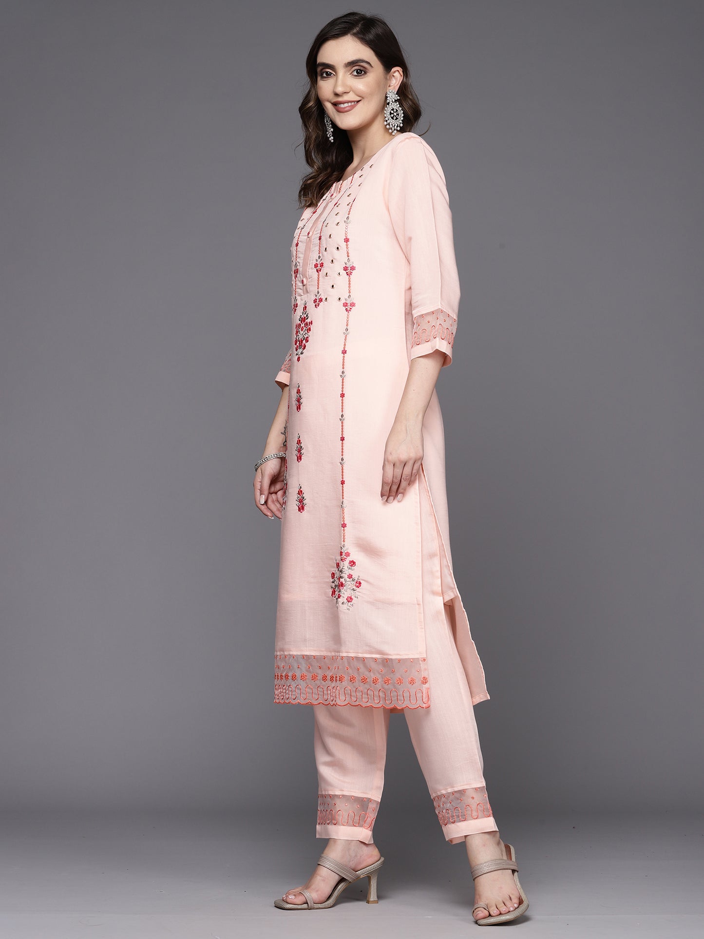 IE Peach Embroidered Straight Kurta Trousers With Dupatta Set