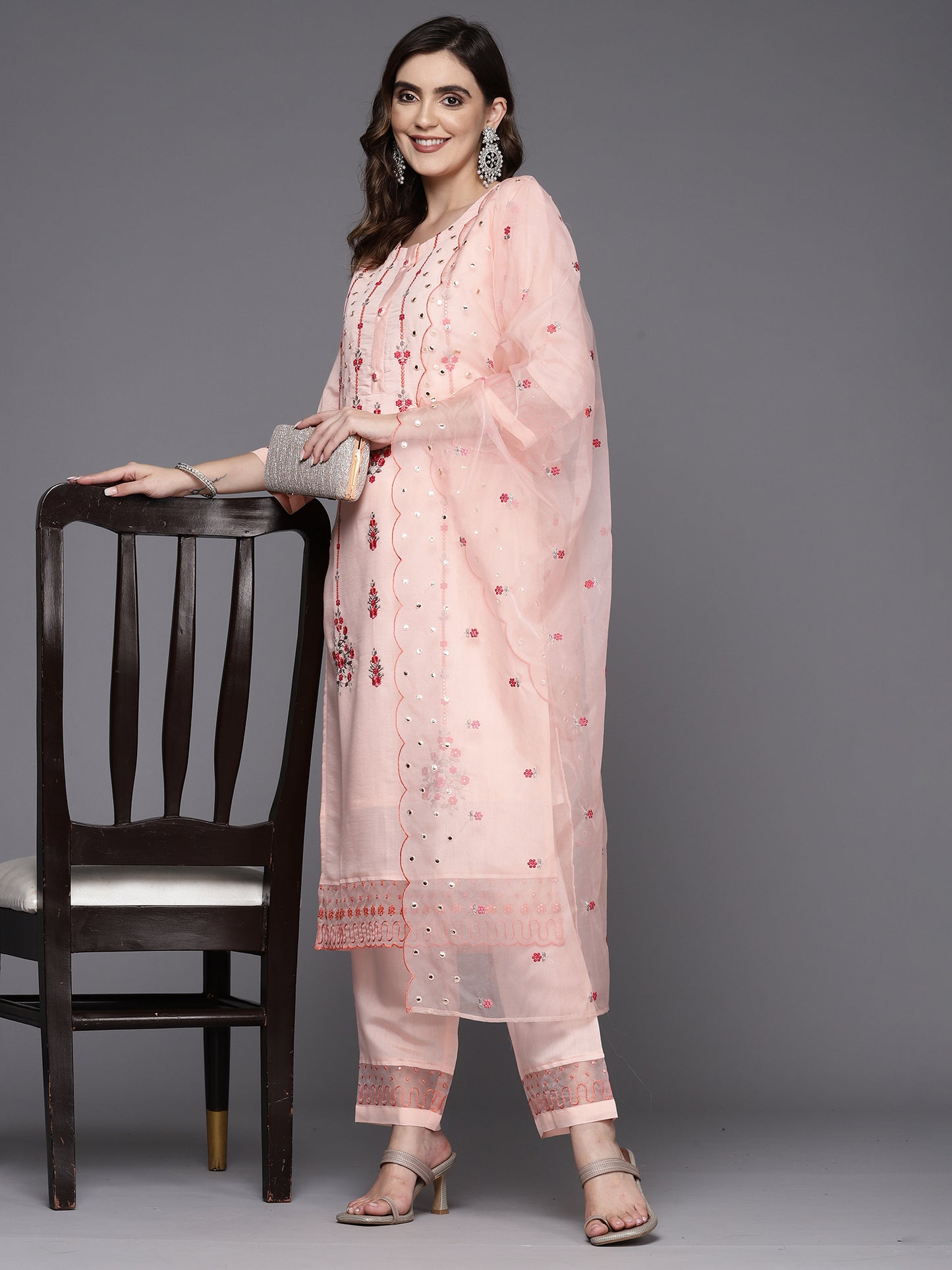 IE Peach Embroidered Straight Kurta Trousers With Dupatta Set