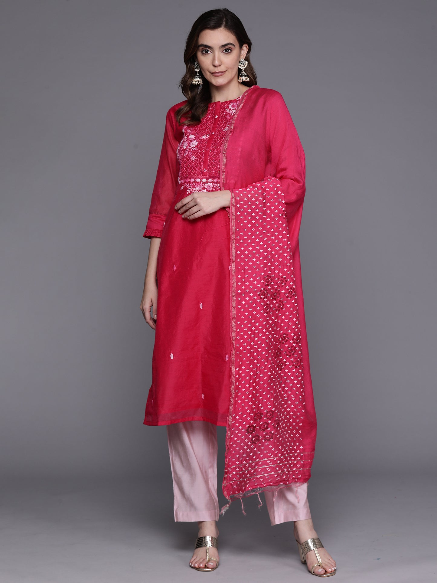 IE Pink Embroidered Straight  Kurta Trousers With Dupatta Set