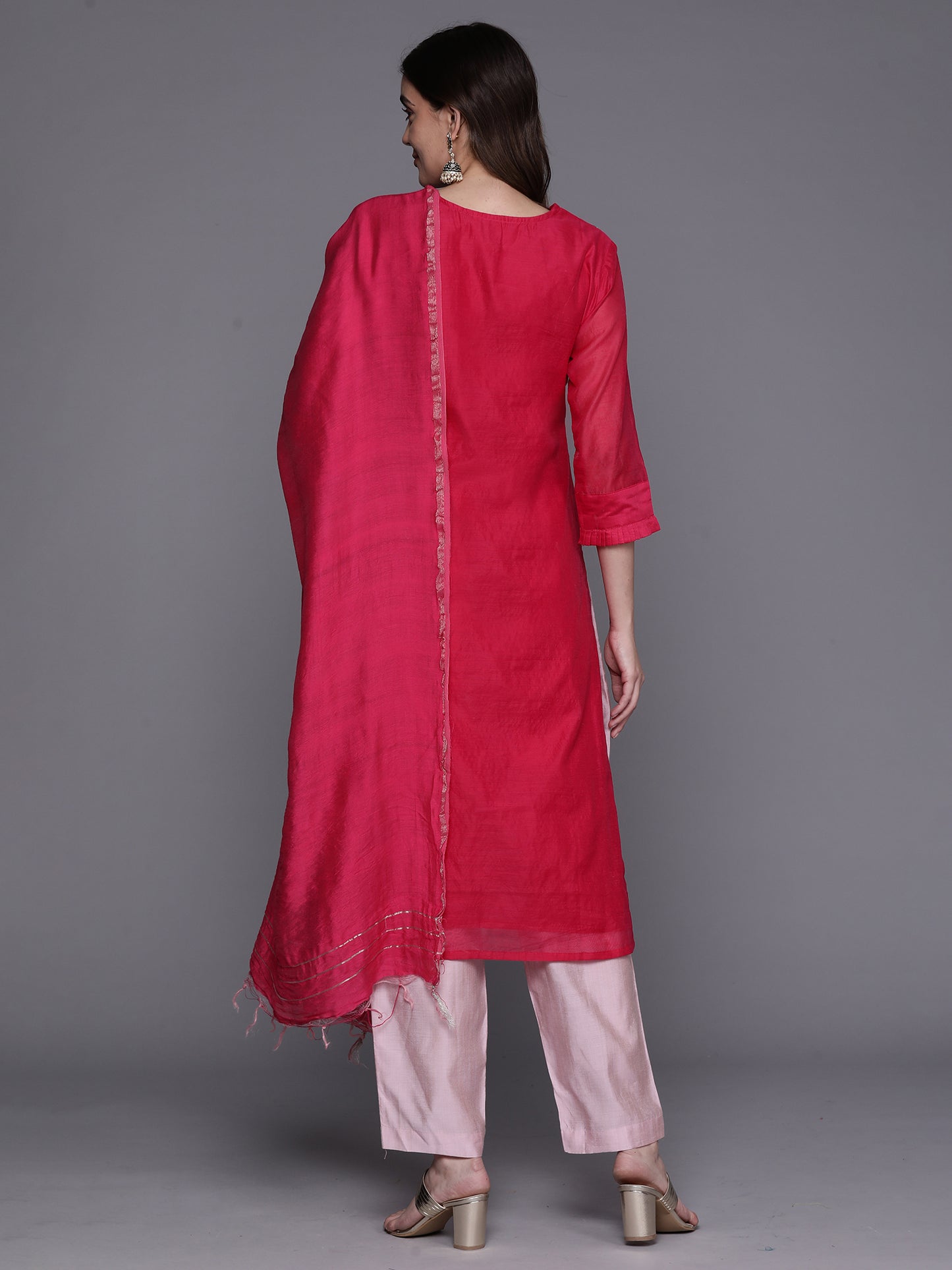 IE Pink Embroidered Straight  Kurta Trousers With Dupatta Set