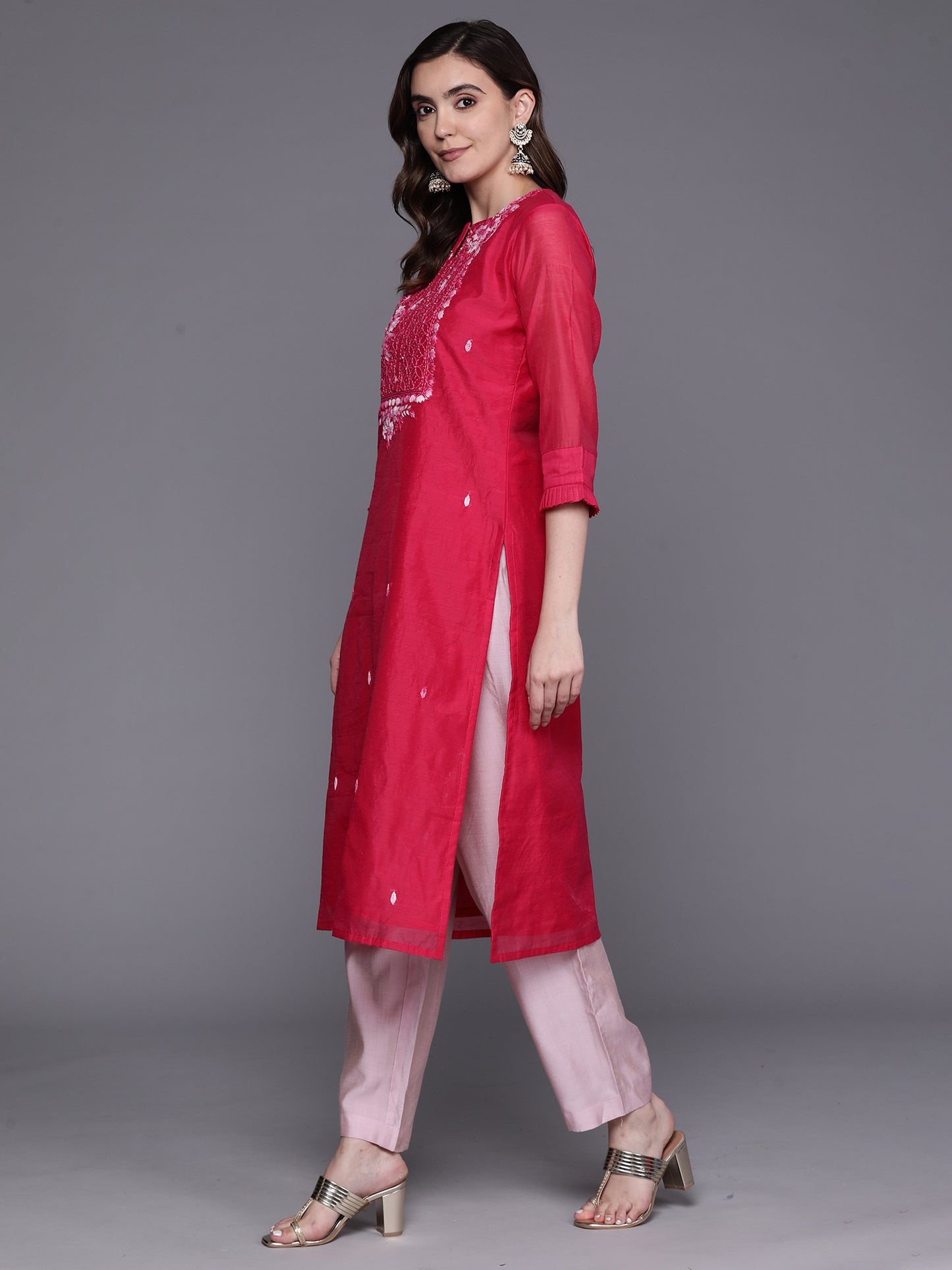 IE Pink Embroidered Straight  Kurta Trousers With Dupatta Set