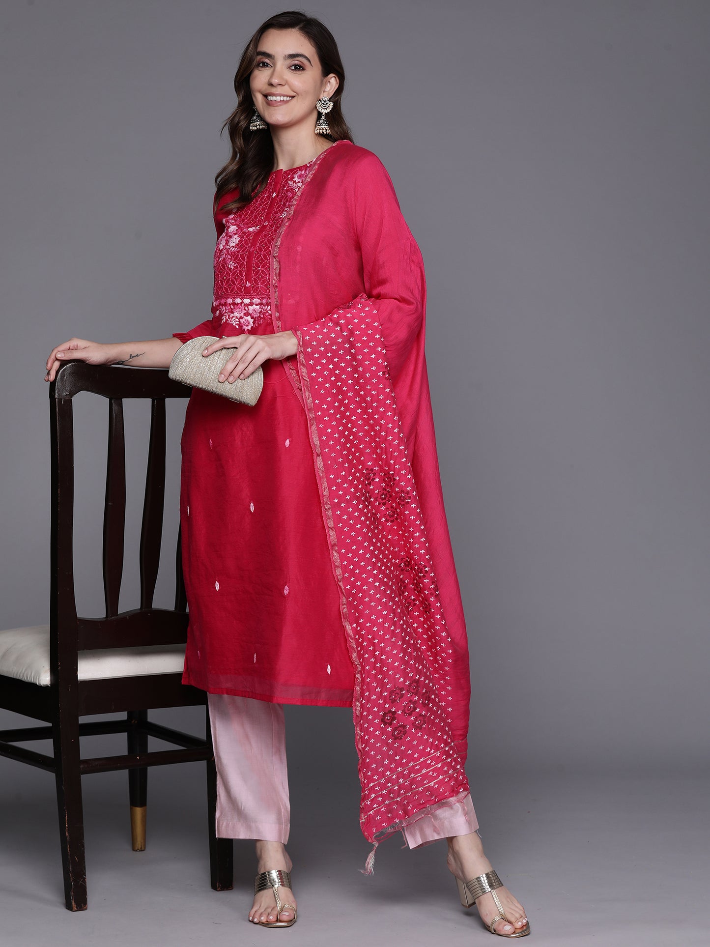 IE Pink Embroidered Straight  Kurta Trousers With Dupatta Set