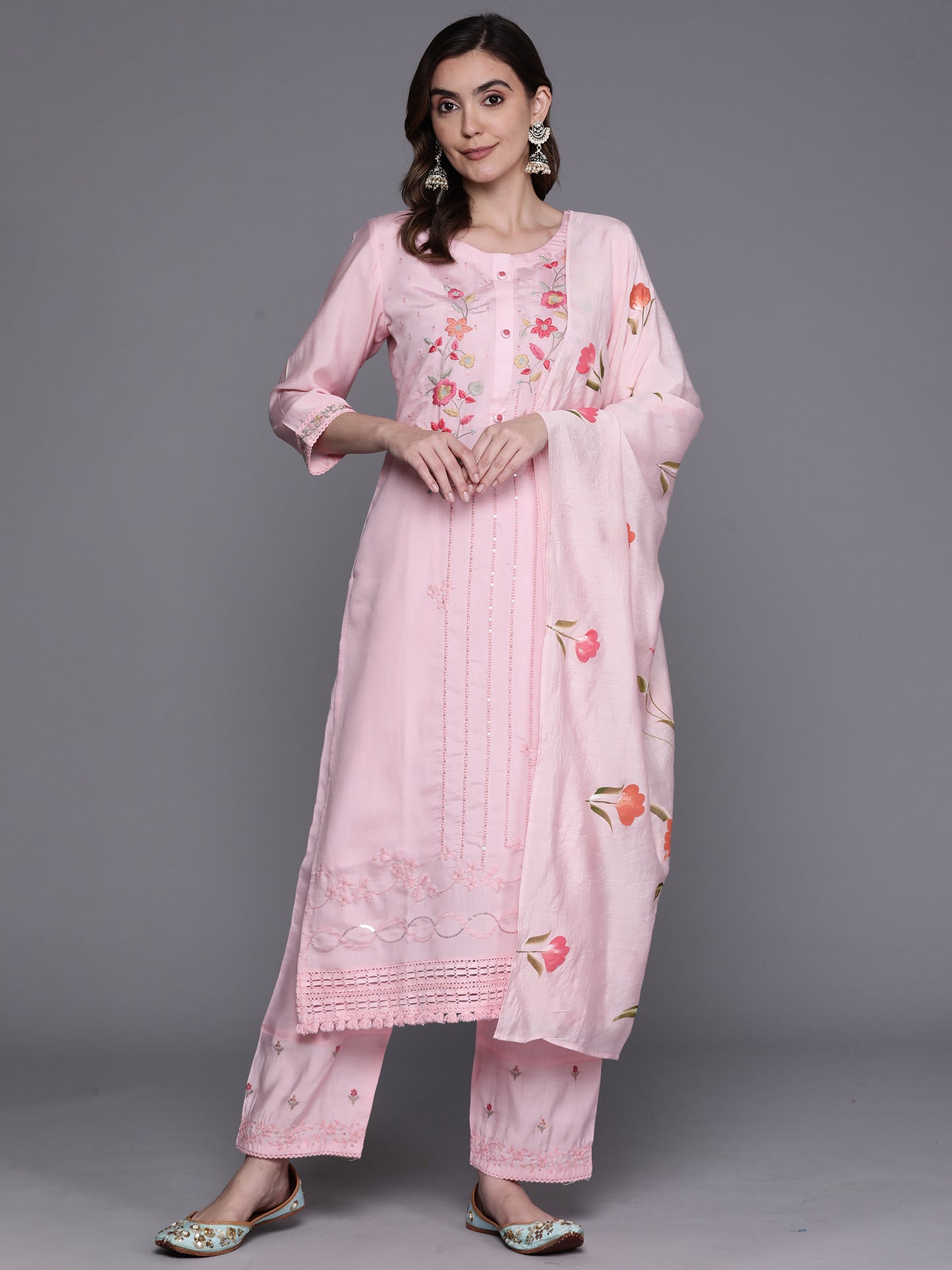 IE Pink Embroidered Straight Kurta Trousers With Dupatta Set