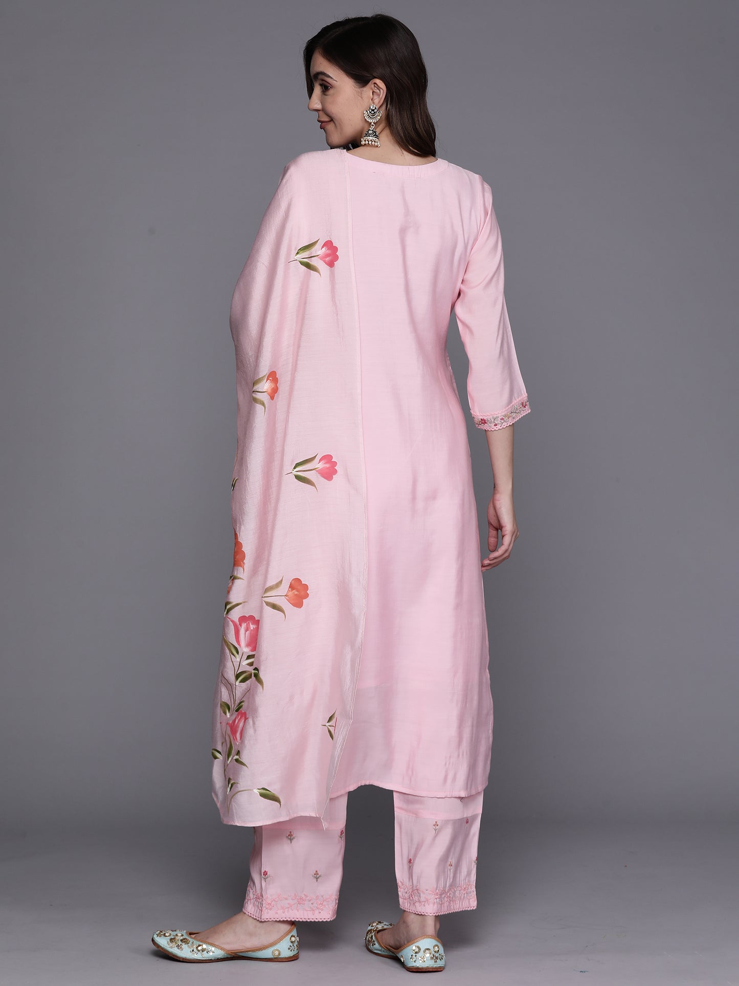 IE Pink Embroidered Straight Kurta Trousers With Dupatta Set