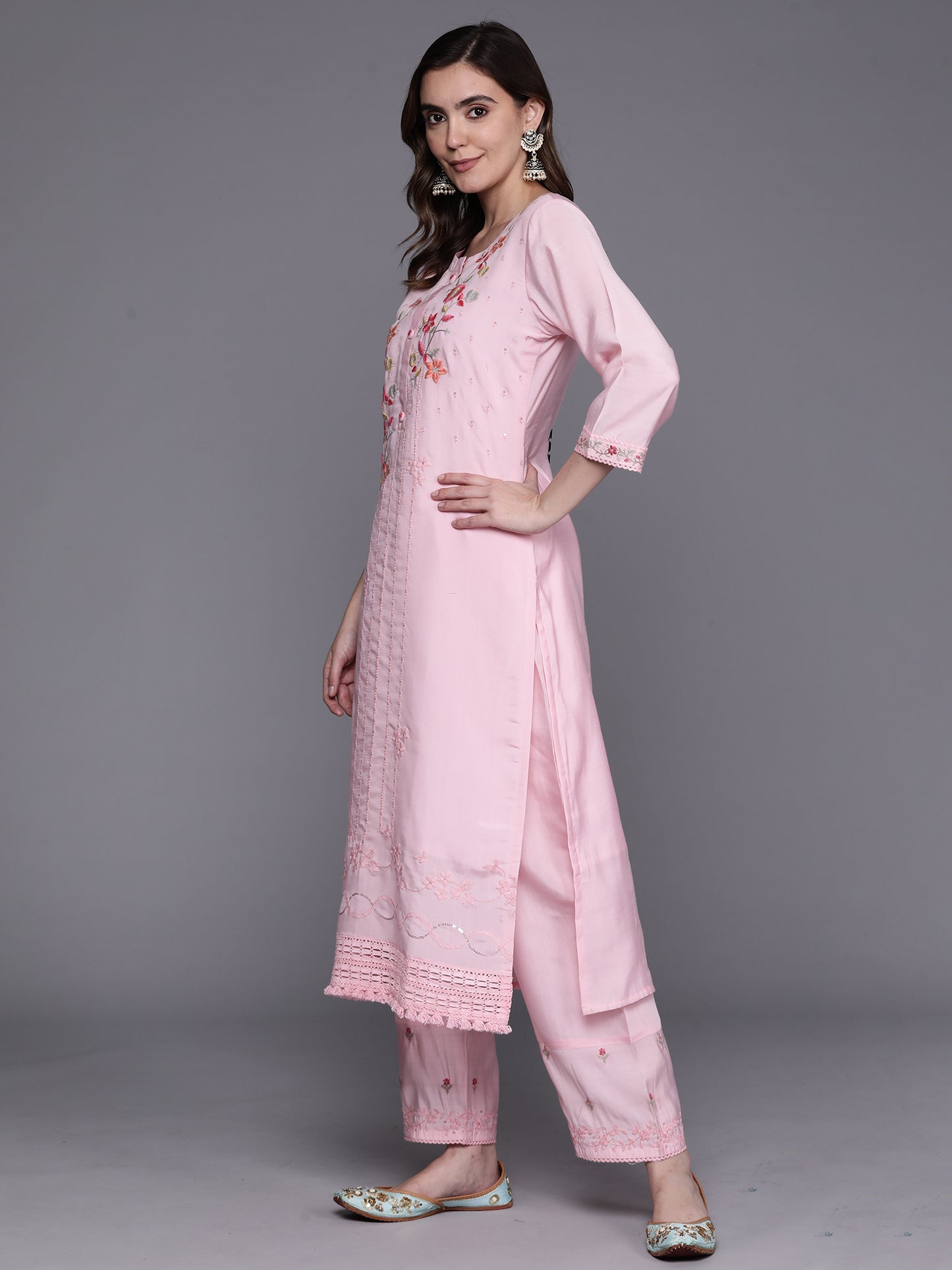 IE Pink Embroidered Straight Kurta Trousers With Dupatta Set