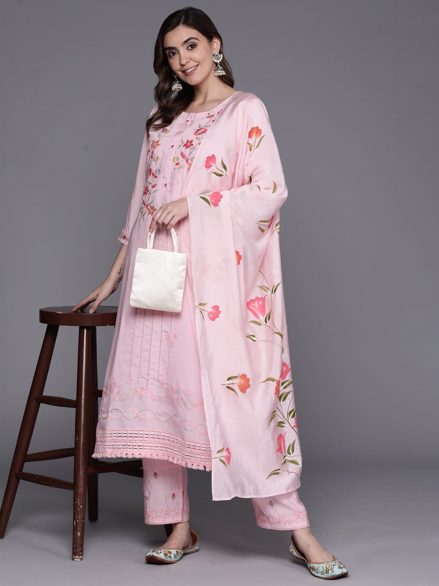 IE Pink Embroidered Straight Kurta Trousers With Dupatta Set