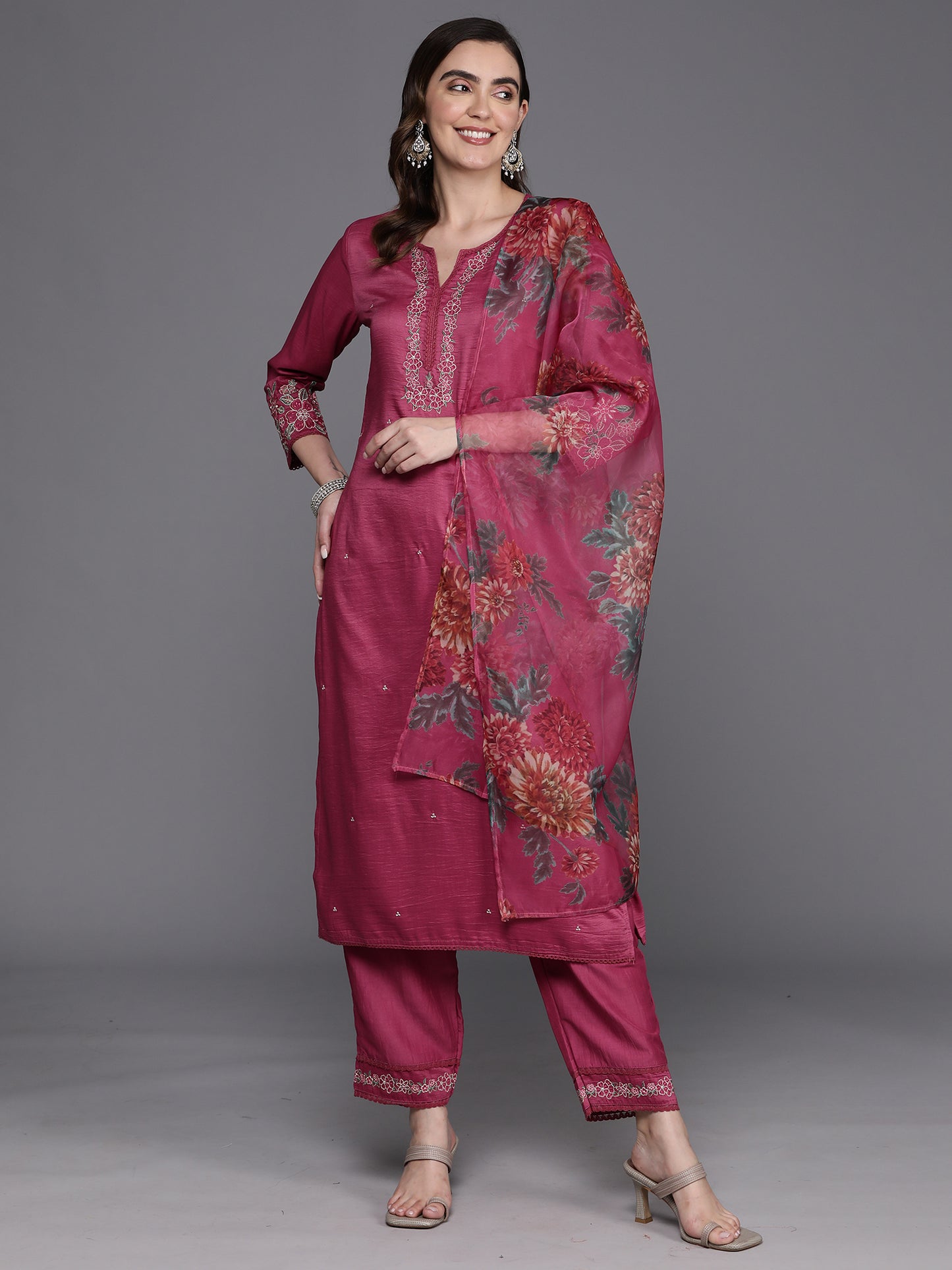 IE Pink Embroidered Straight Kurta Trousers With Dupatta Set