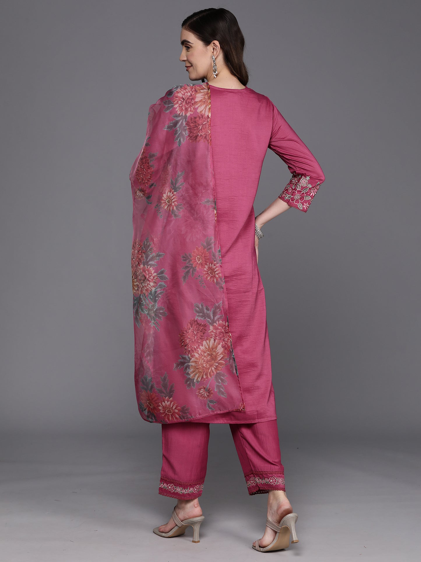 IE Pink Embroidered Straight Kurta Trousers With Dupatta Set