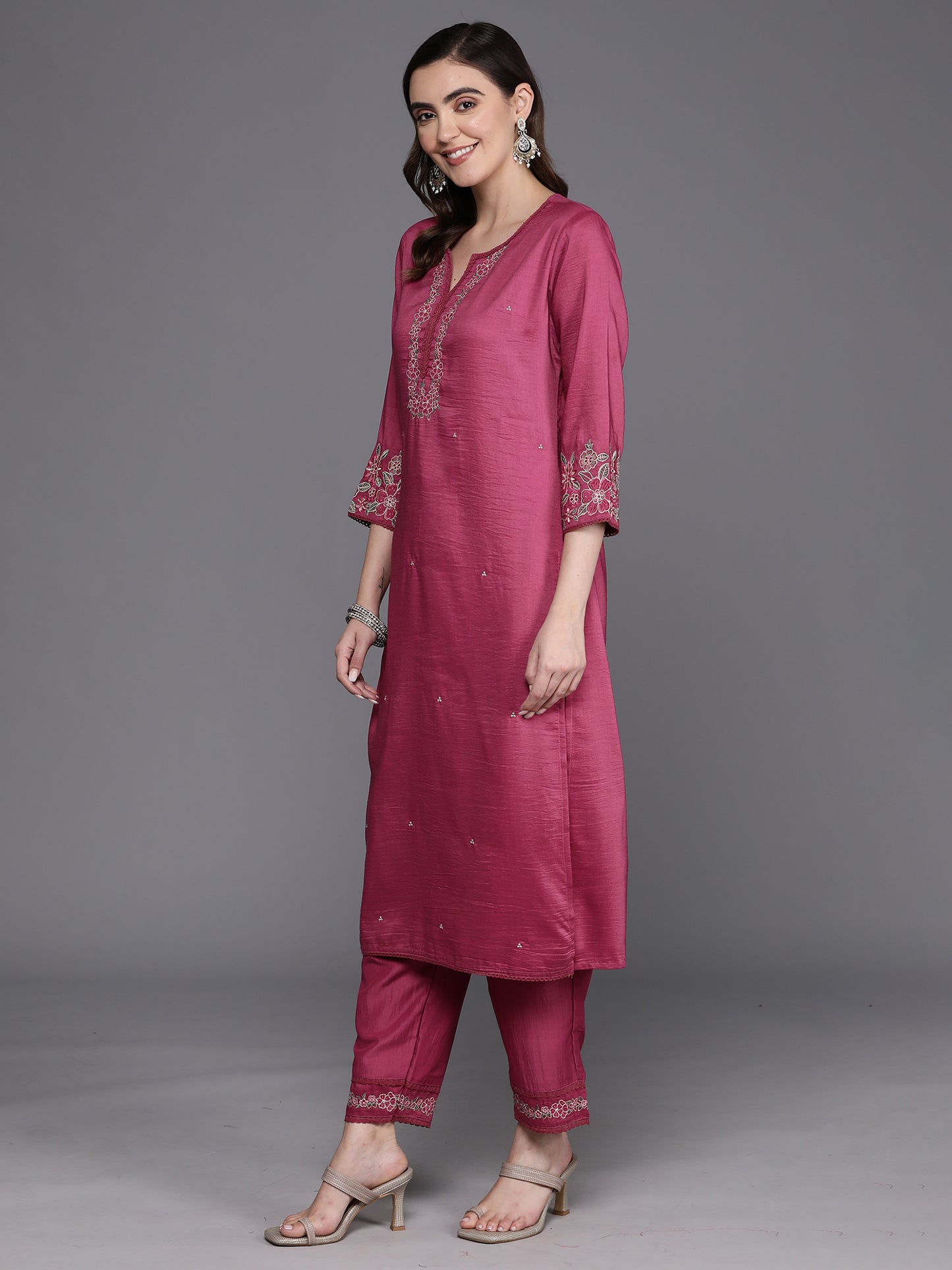 IE Pink Embroidered Straight Kurta Trousers With Dupatta Set