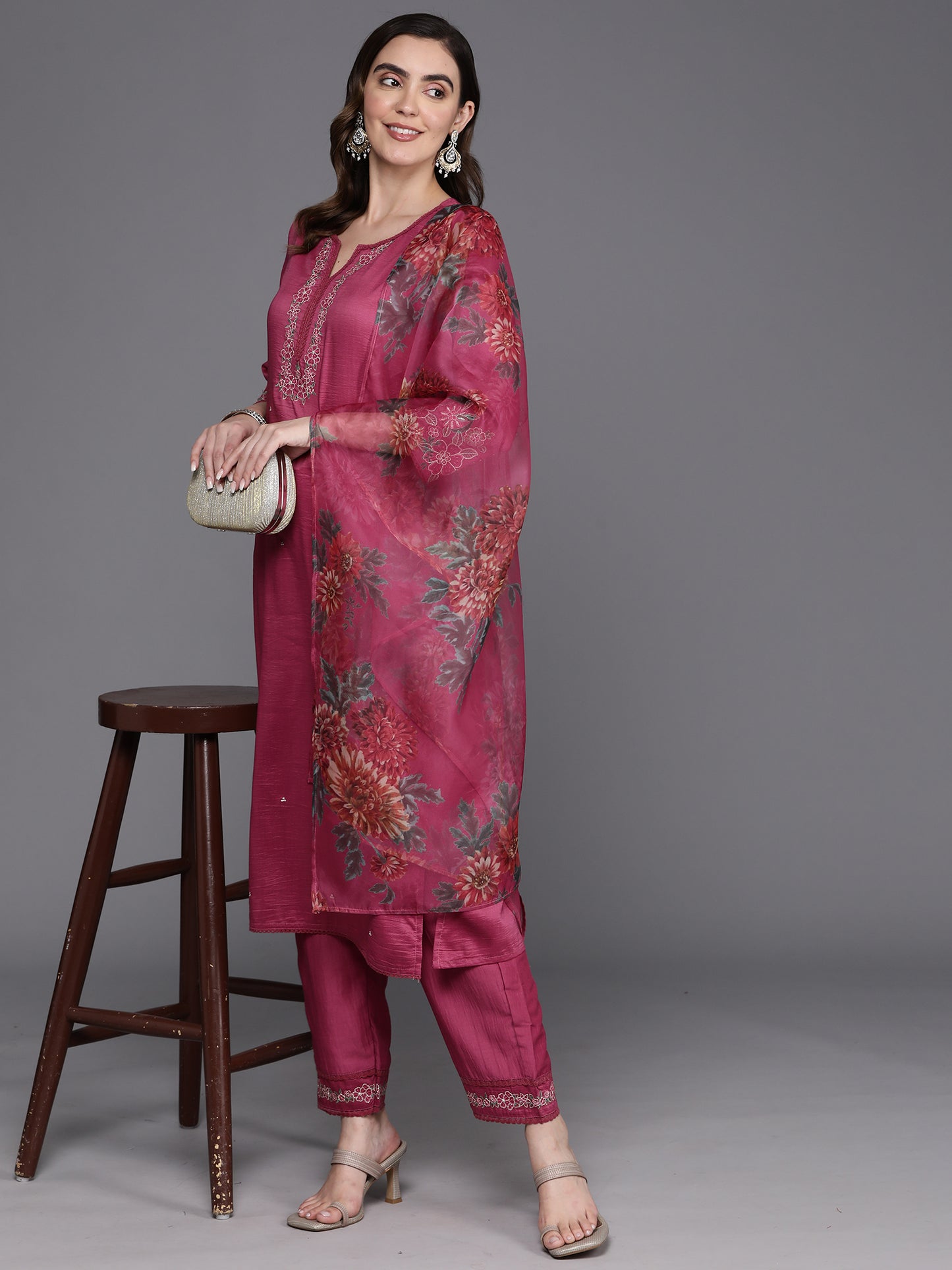 IE Pink Embroidered Straight Kurta Trousers With Dupatta Set