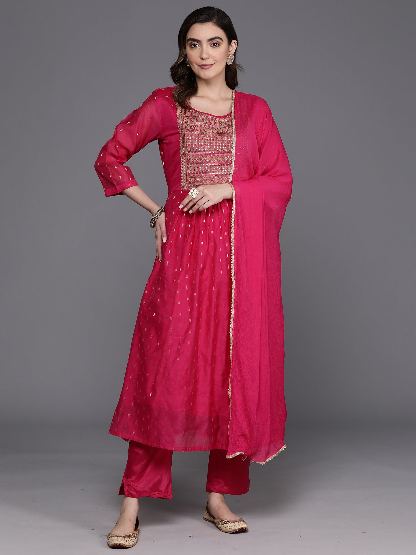 IE Navy Blue Embroidered A-Line Kurta Trousers With Dupatta Set