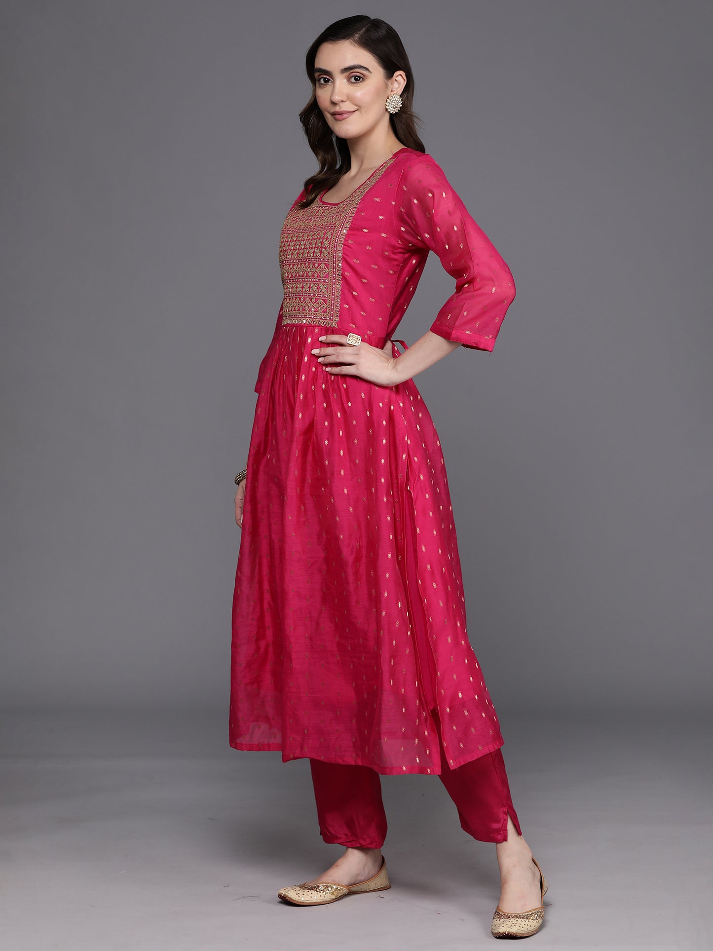 IE Navy Blue Embroidered A-Line Kurta Trousers With Dupatta Set