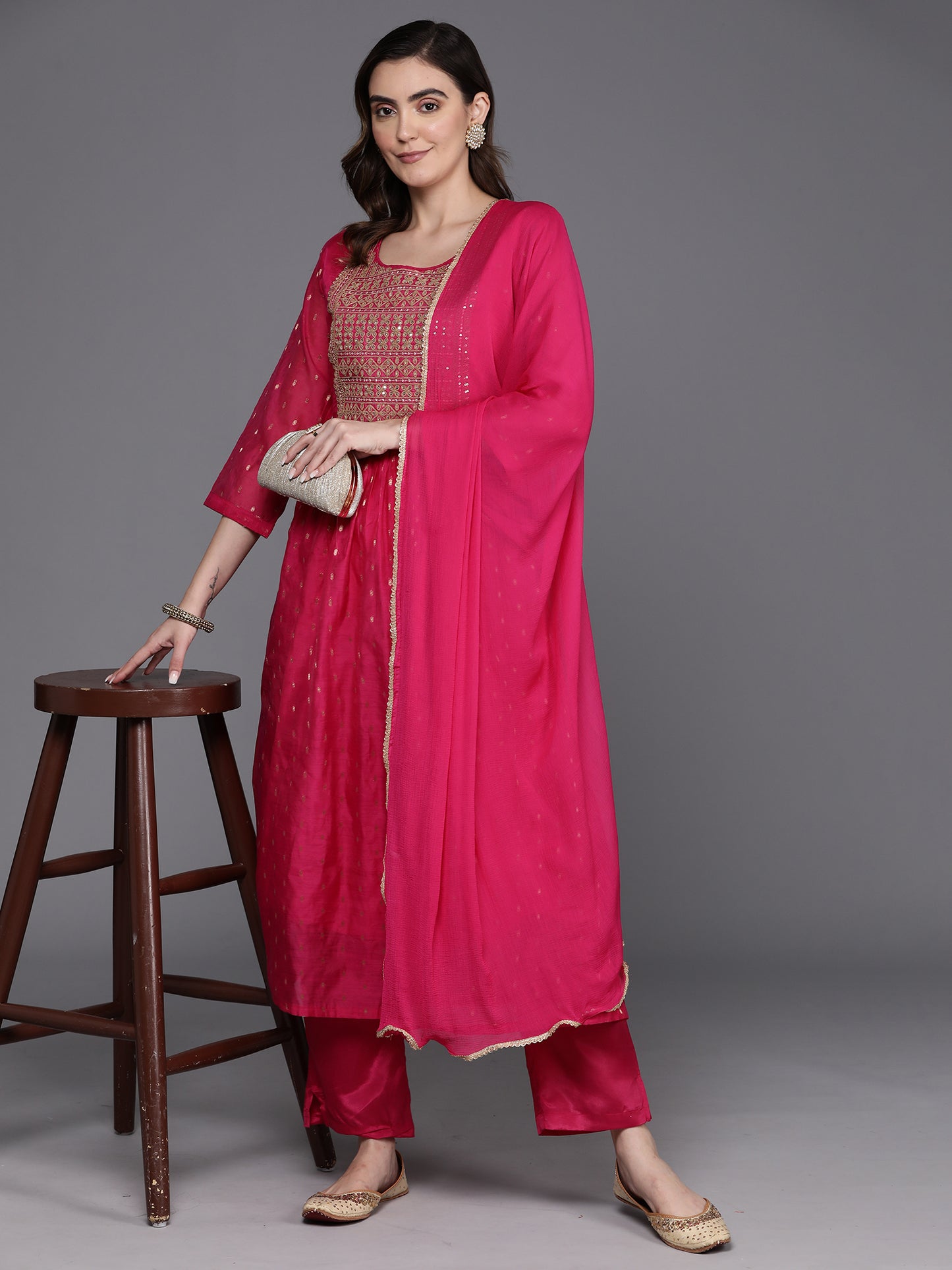 IE Navy Blue Embroidered A-Line Kurta Trousers With Dupatta Set