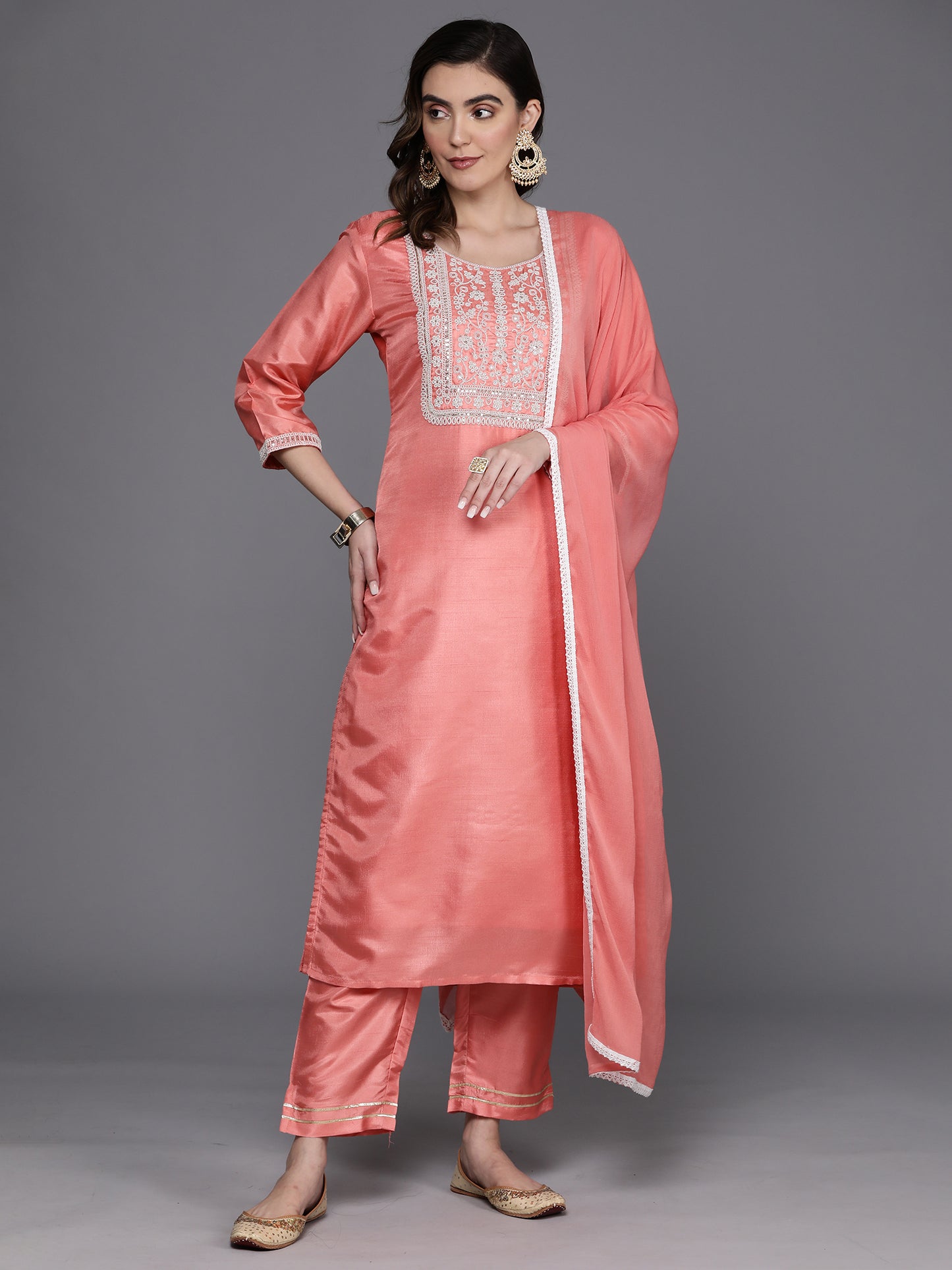 IE Pink Embroidered Straight Kurta Trousers With Dupatta Set