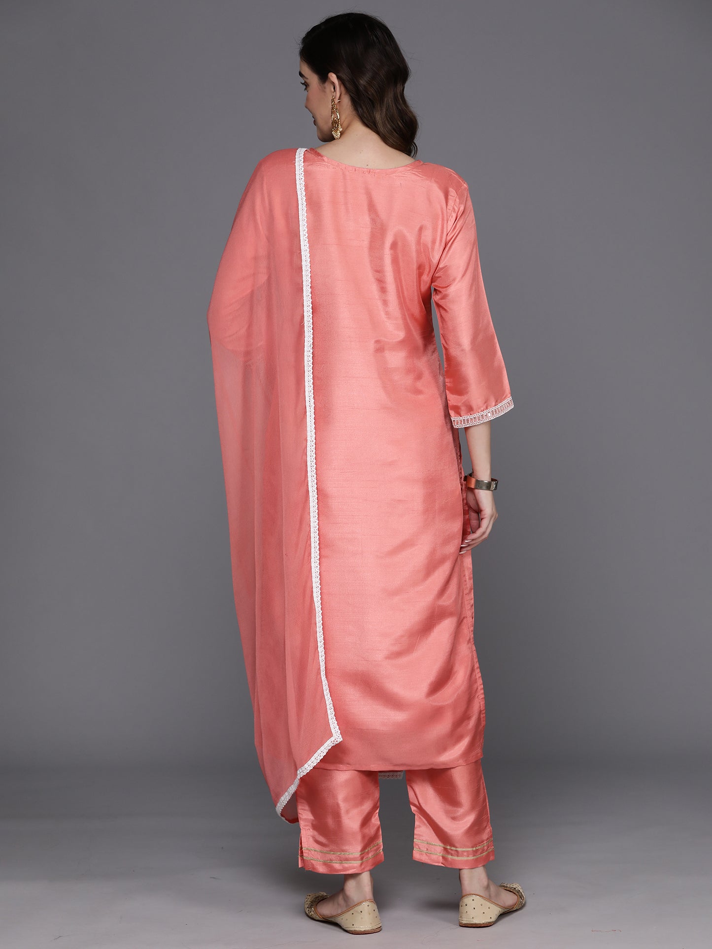 IE Pink Embroidered Straight Kurta Trousers With Dupatta Set