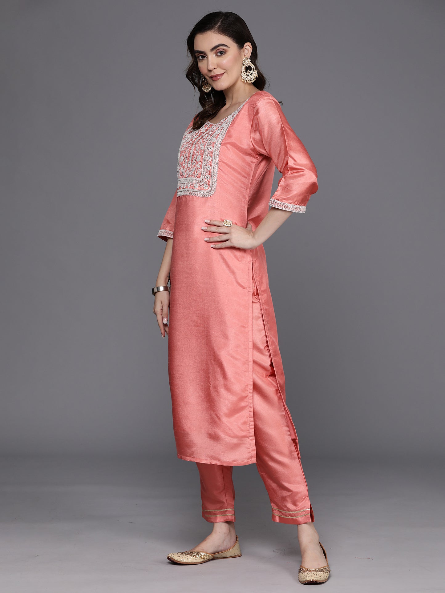 IE Pink Embroidered Straight Kurta Trousers With Dupatta Set