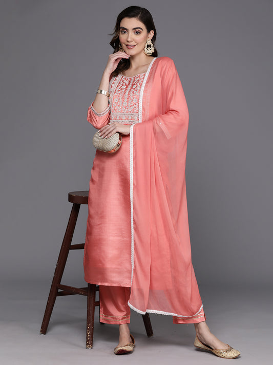 IE Pink Embroidered Straight Kurta Trousers With Dupatta Set