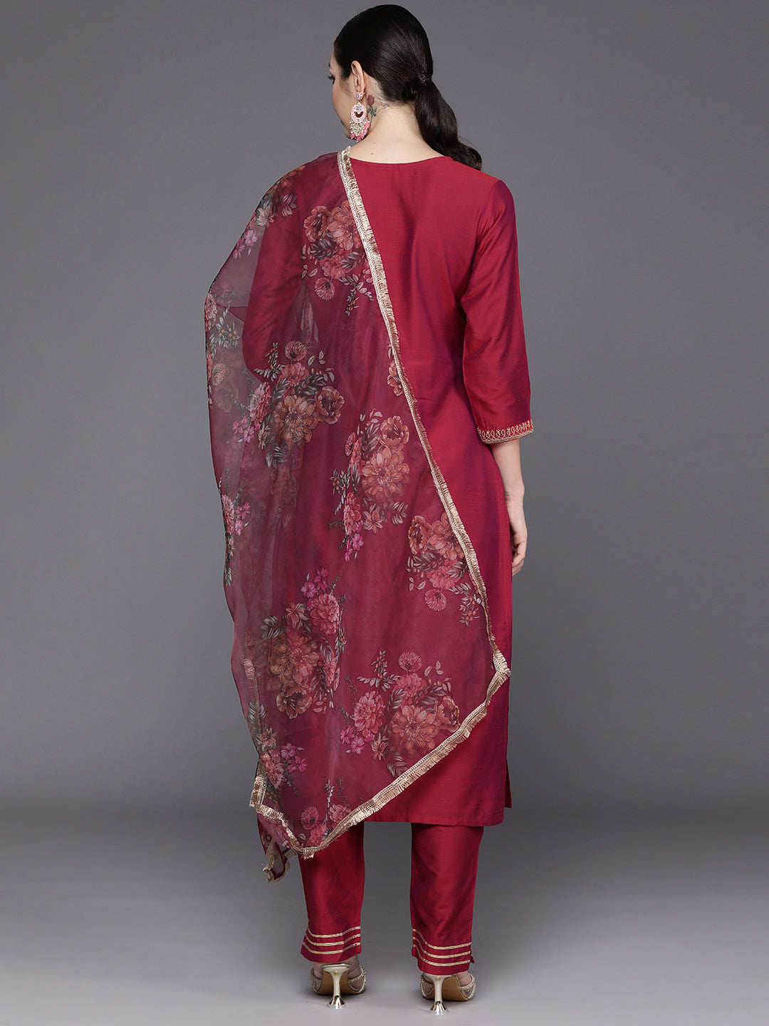 IE Pink Embroidered Straight Kurta Trousers With Dupatta Set