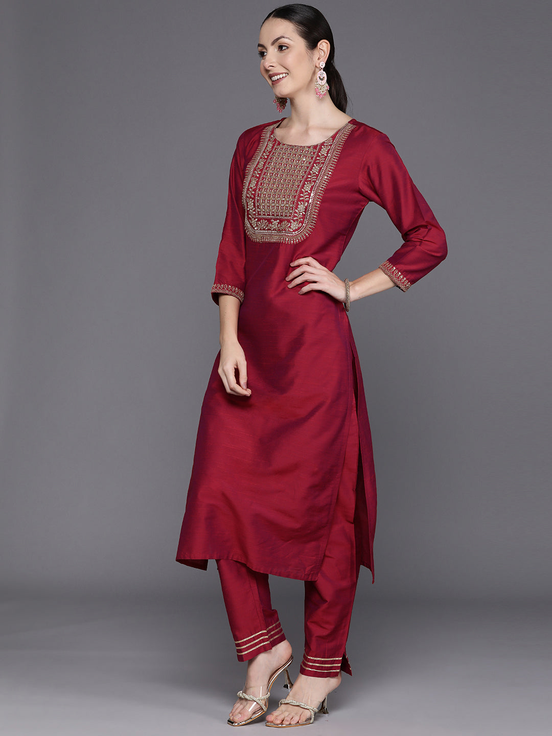 IE Pink Embroidered Straight Kurta Trousers With Dupatta Set