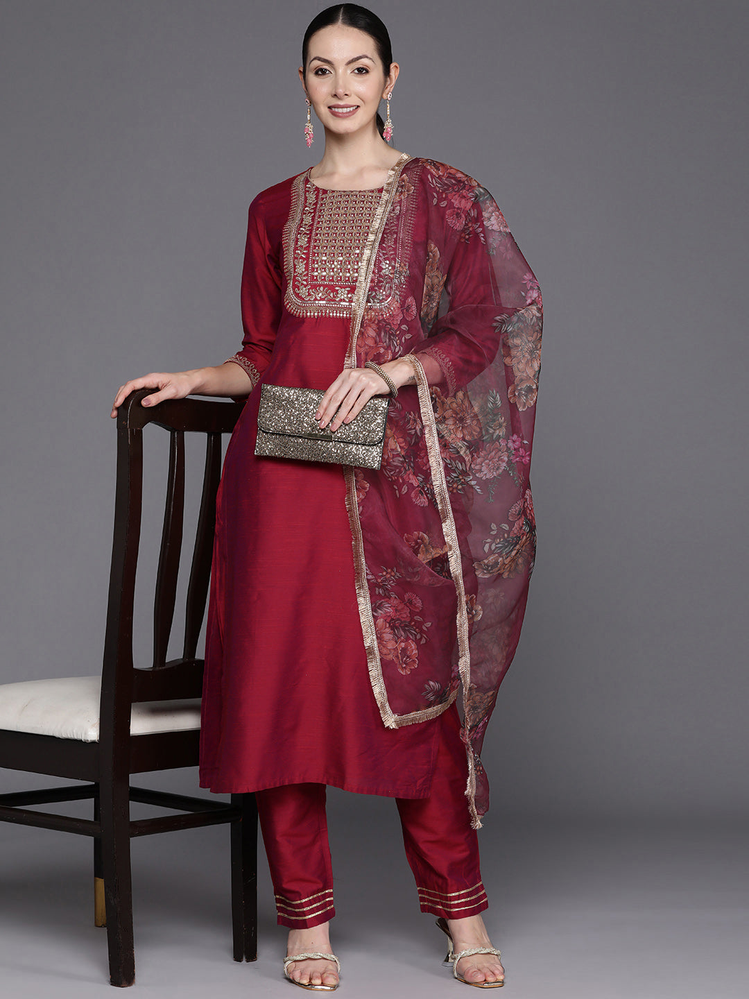 IE Pink Embroidered Straight Kurta Trousers With Dupatta Set