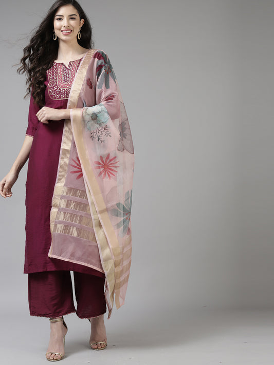 IE Purple Embroidered Straight Kurta Trouser With Dupatta Set