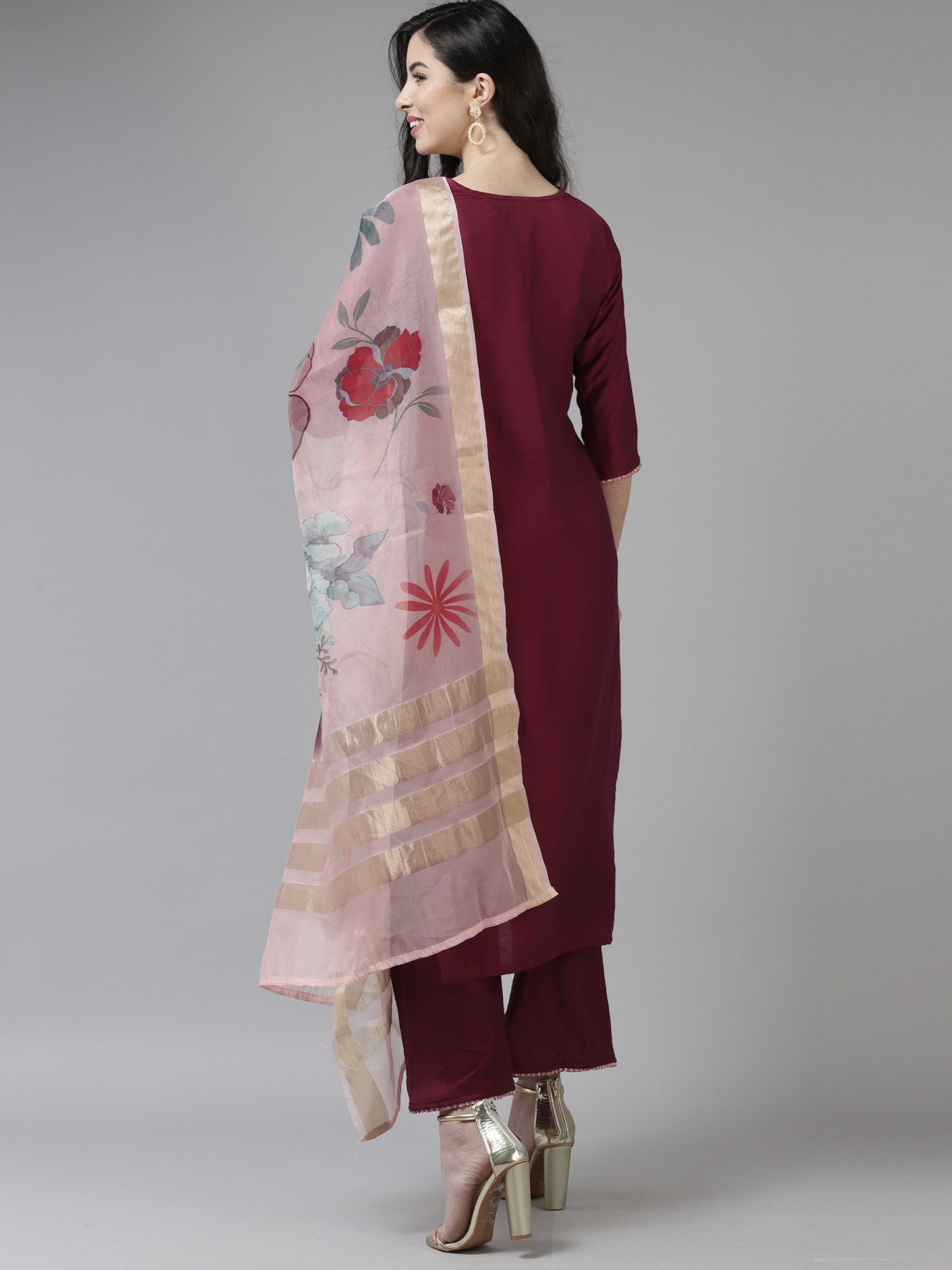 IE Purple Embroidered Straight Kurta Trouser With Dupatta Set