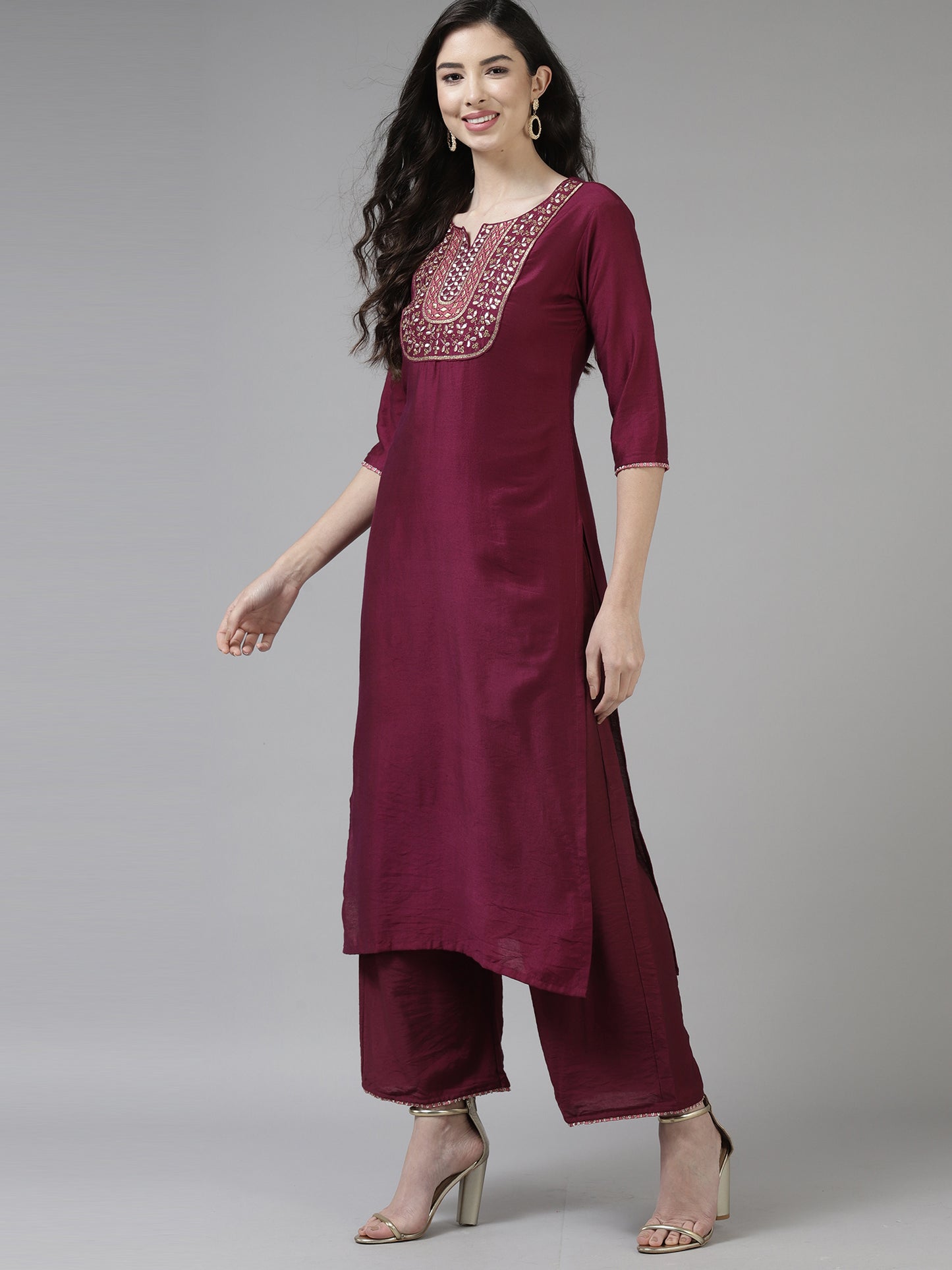 IE Purple Embroidered Straight Kurta Trouser With Dupatta Set