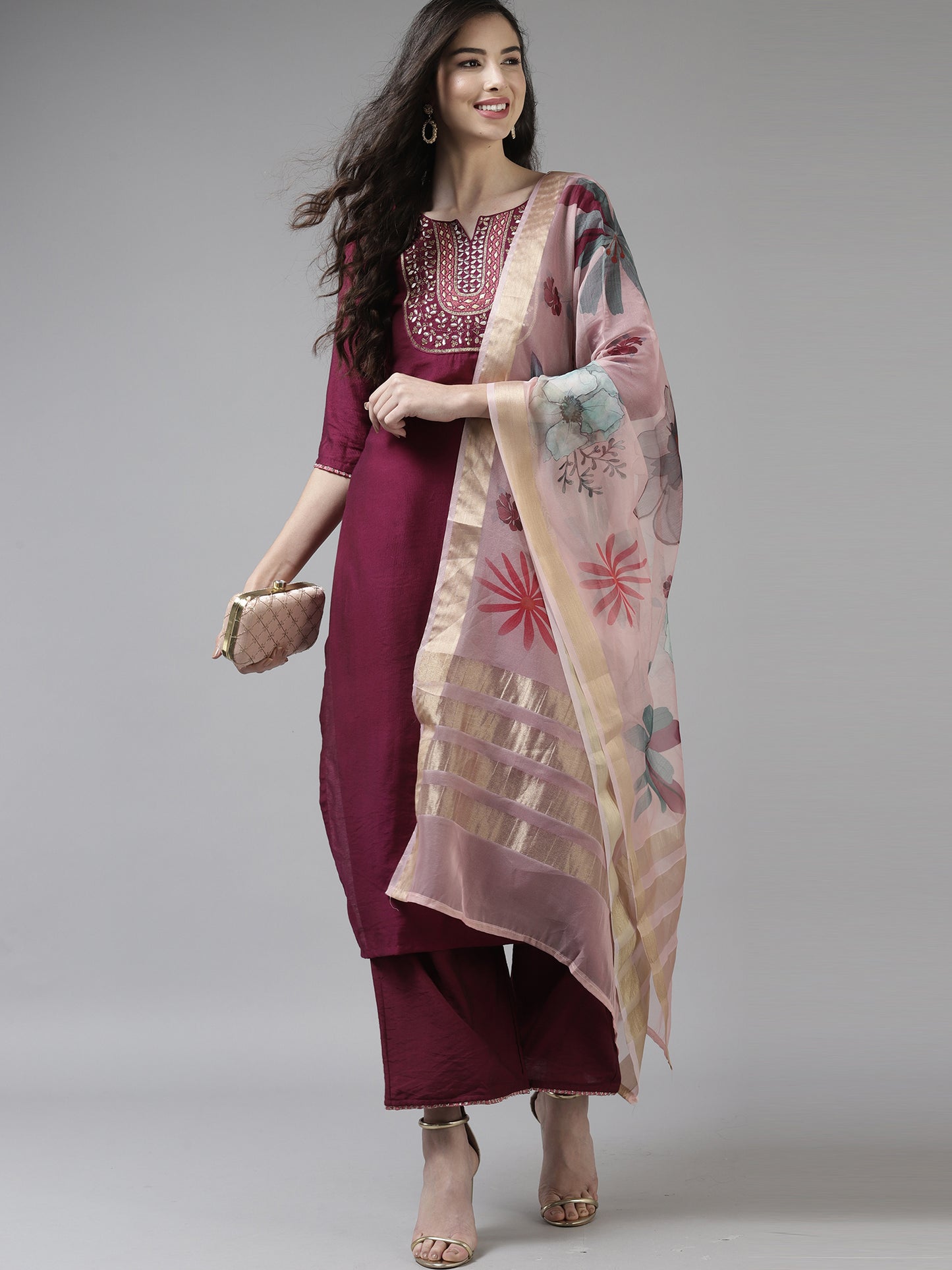 IE Purple Embroidered Straight Kurta Trouser With Dupatta Set