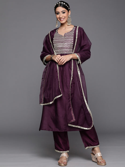 IE Purple Solid Straight Kurta Trouser With Dupatta Set