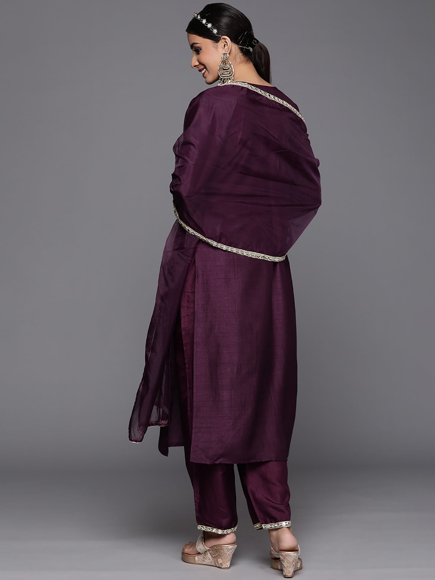 IE Purple Solid Straight Kurta Trouser With Dupatta Set