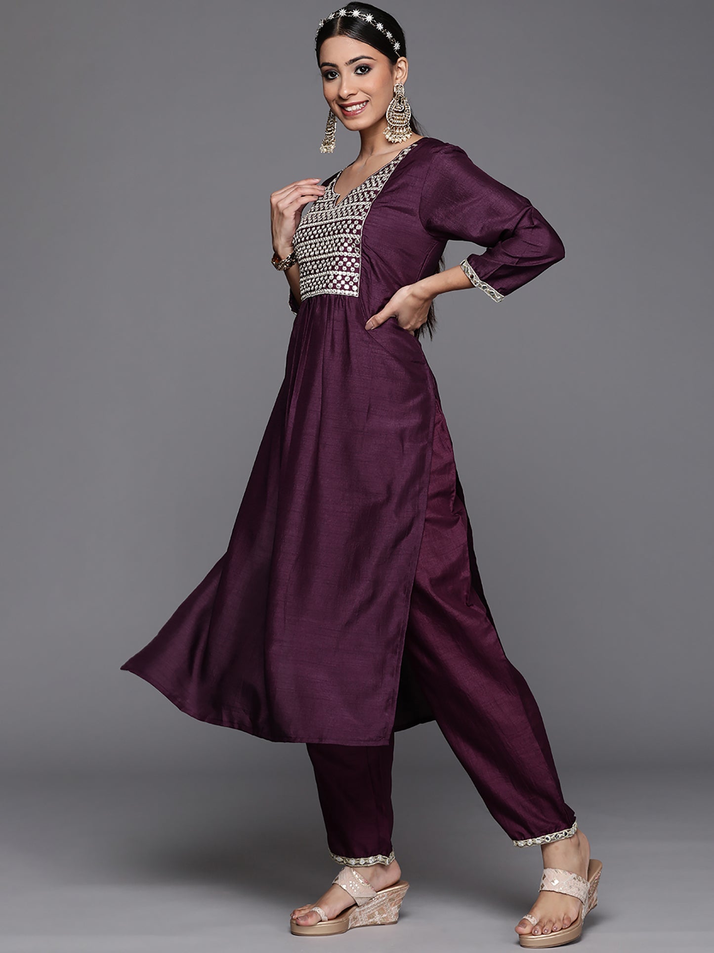 IE Purple Solid Straight Kurta Trouser With Dupatta Set