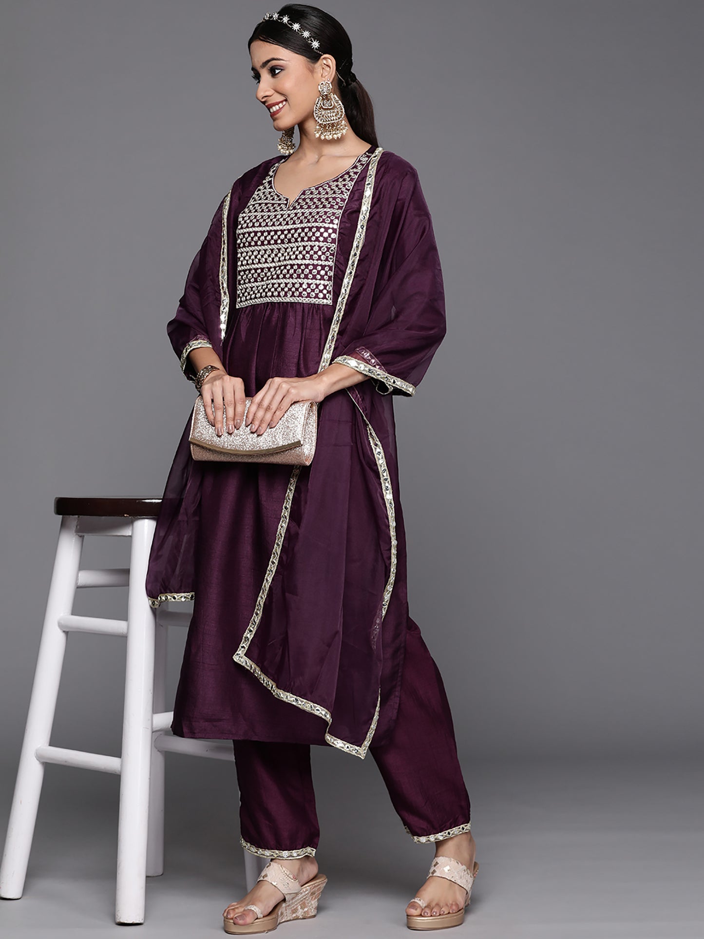 IE Purple Solid Straight Kurta Trouser With Dupatta Set