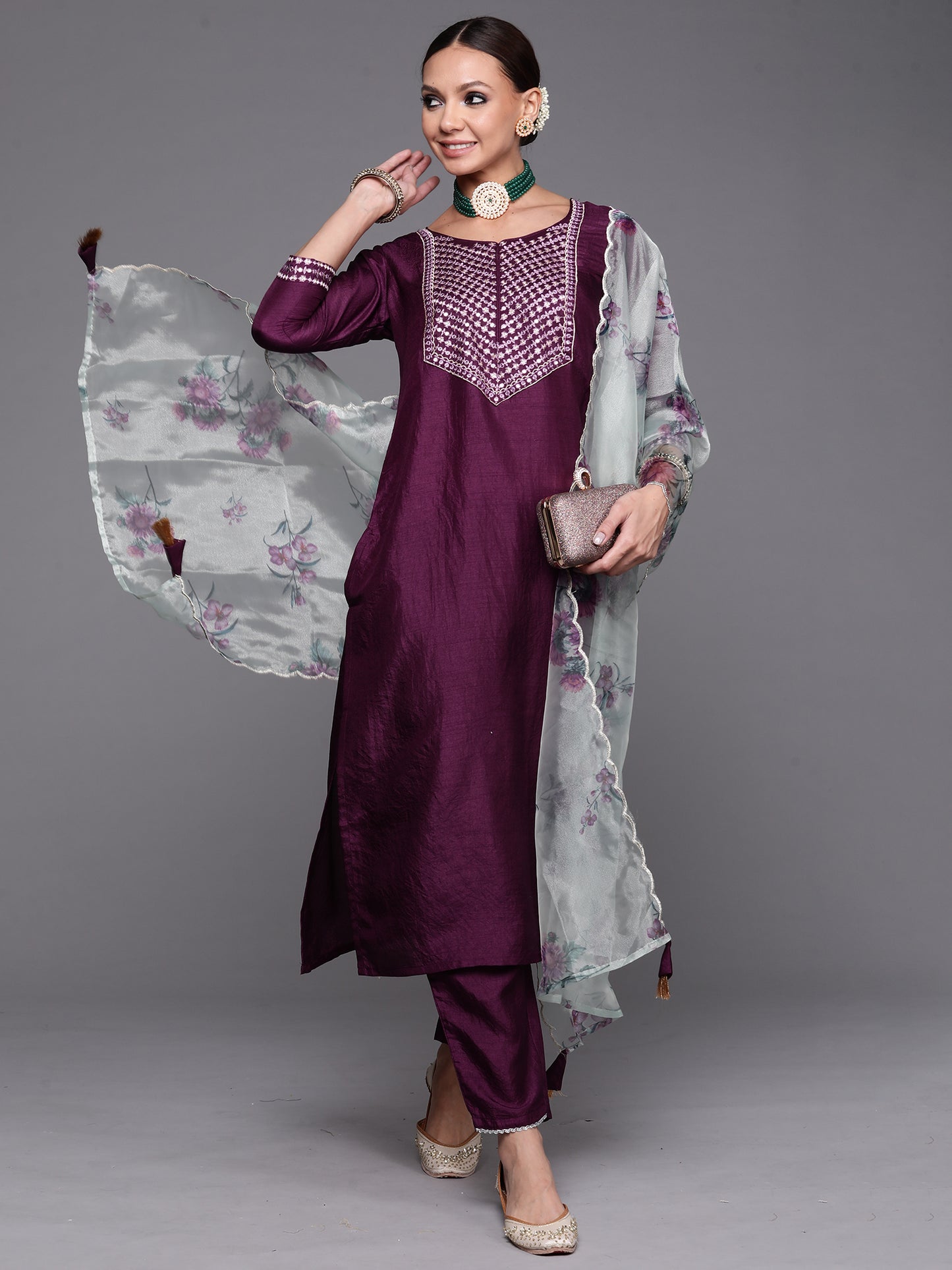 IE Purple Solid Straight Kurta Trouser With Dupatta Set