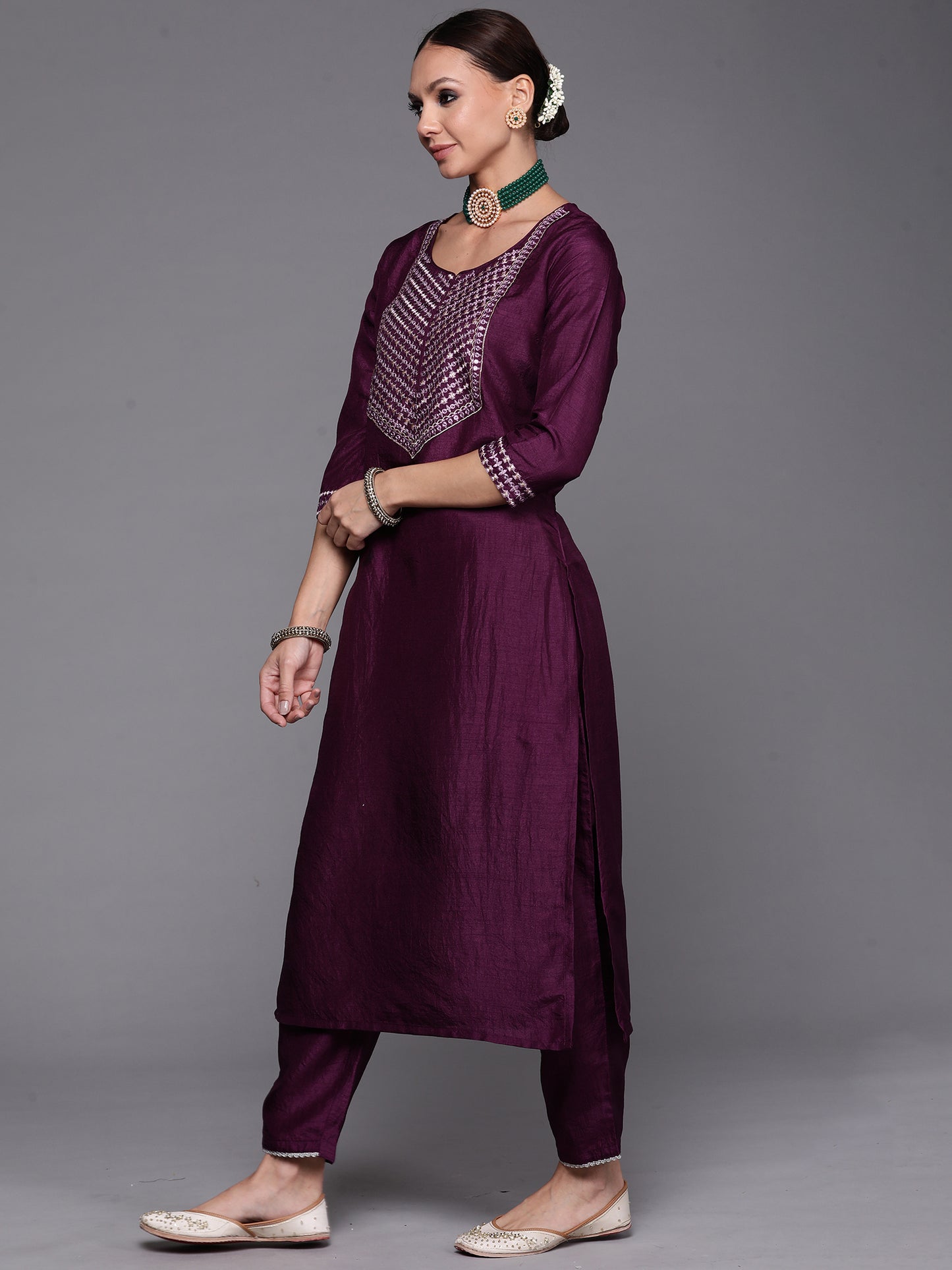 IE Purple Solid Straight Kurta Trouser With Dupatta Set