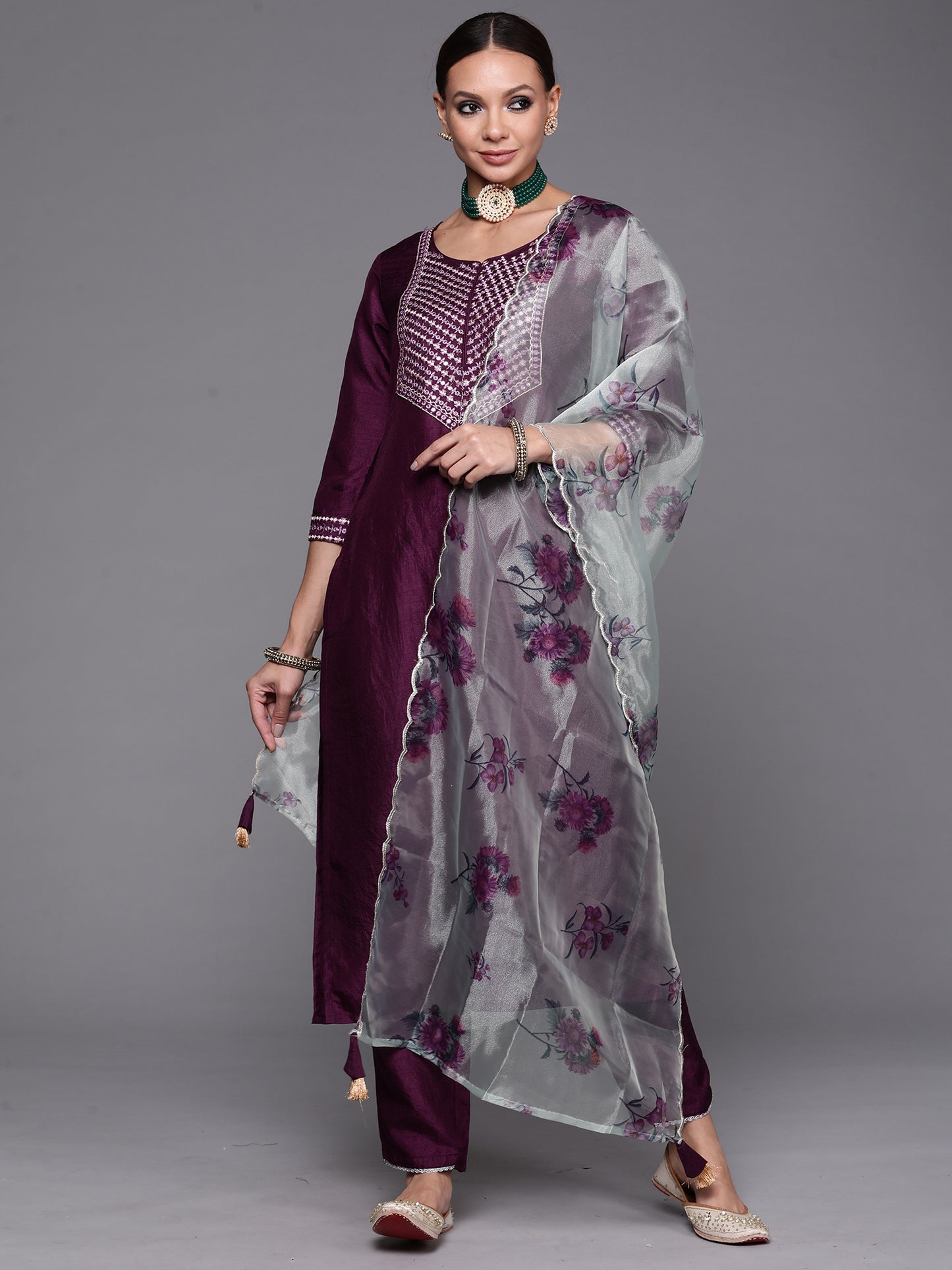 IE Purple Solid Straight Kurta Trouser With Dupatta Set