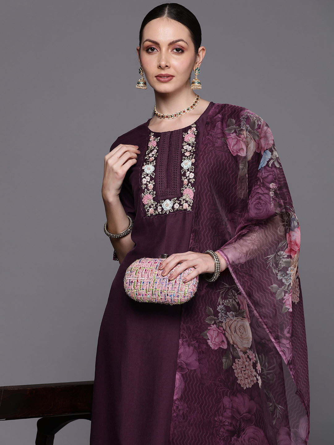 IE Purple Embroidered Straight Kurta Trousers With Dupatta  Set