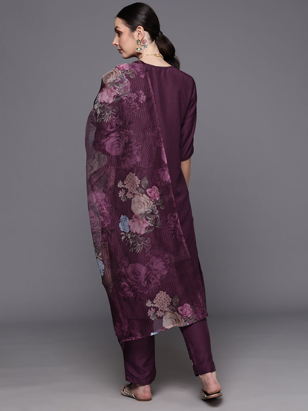 IE Purple Embroidered Straight Kurta Trousers With Dupatta  Set