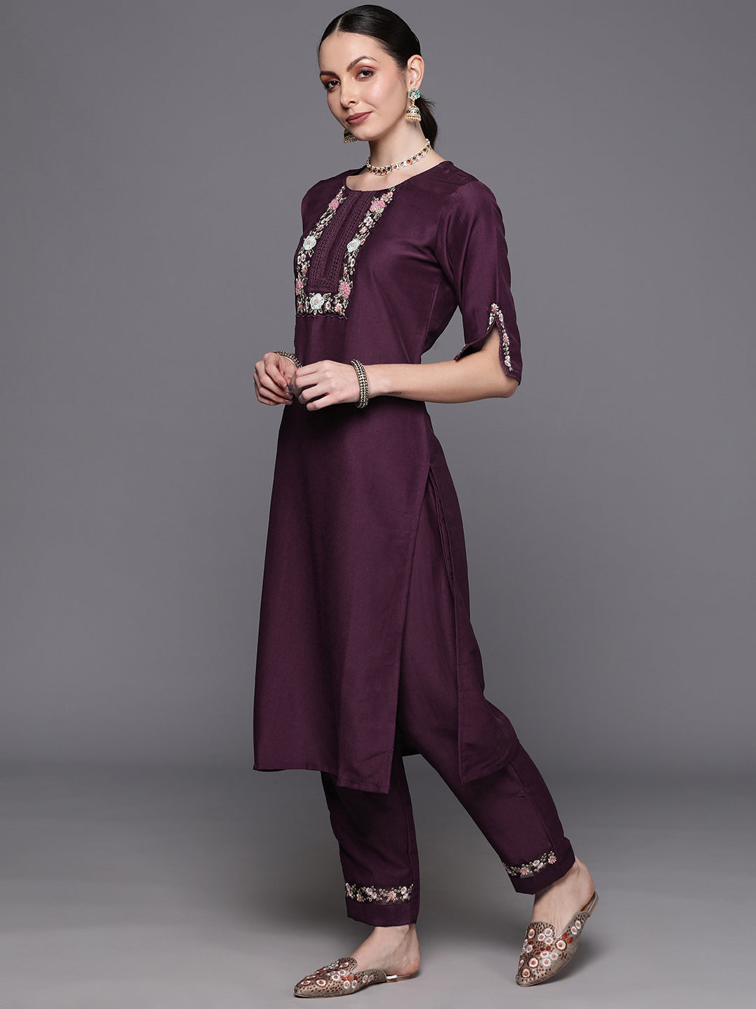 IE Purple Embroidered Straight Kurta Trousers With Dupatta  Set