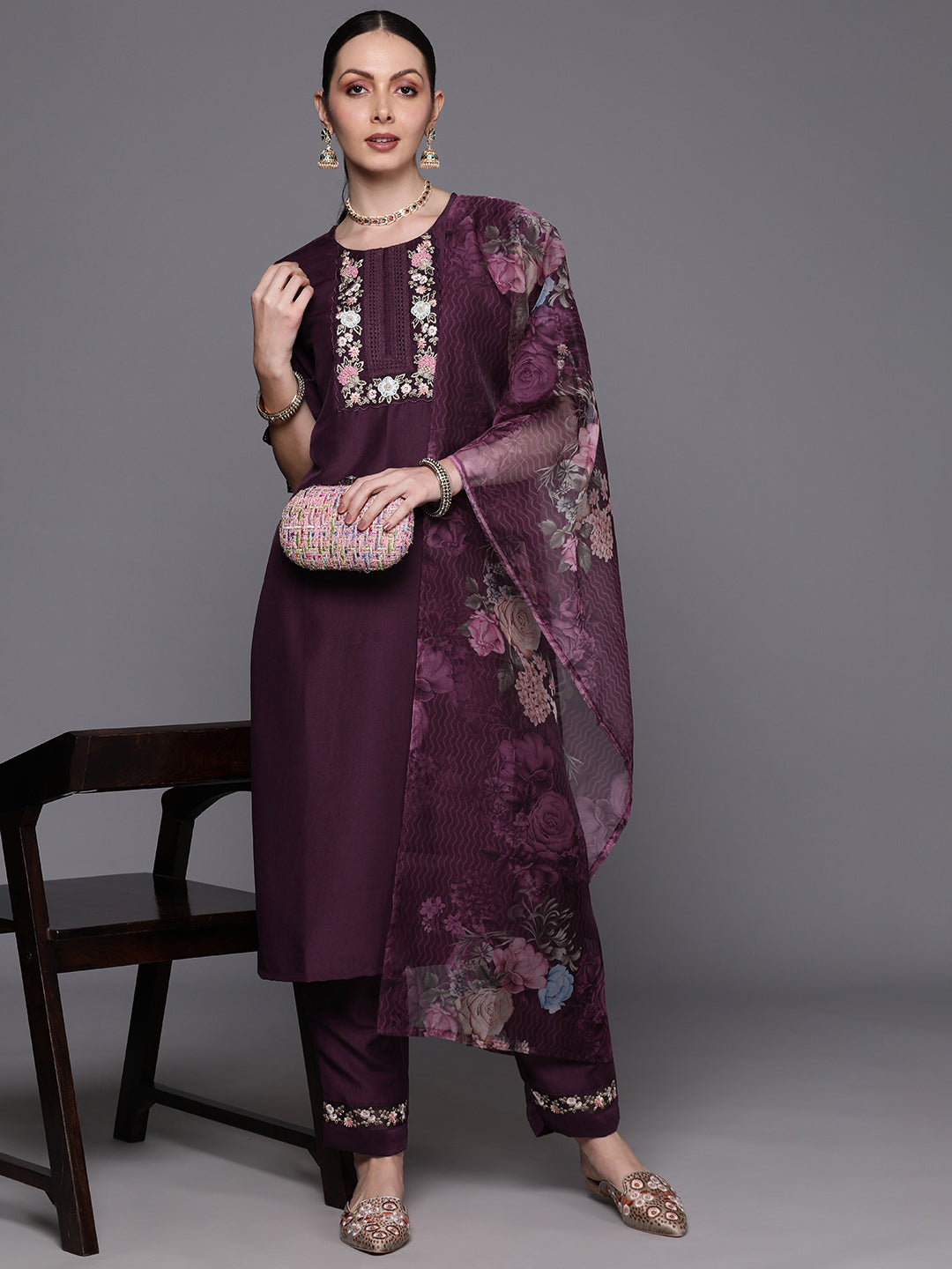 IE Purple Embroidered Straight Kurta Trousers With Dupatta  Set