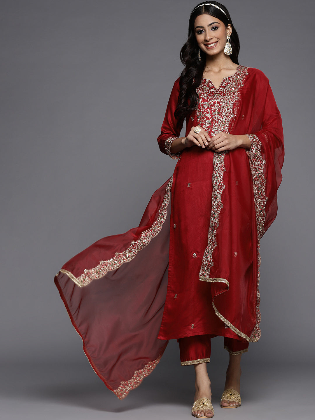 IE Red Embroidered Straight Kurta Palazzos With Dupatta Set