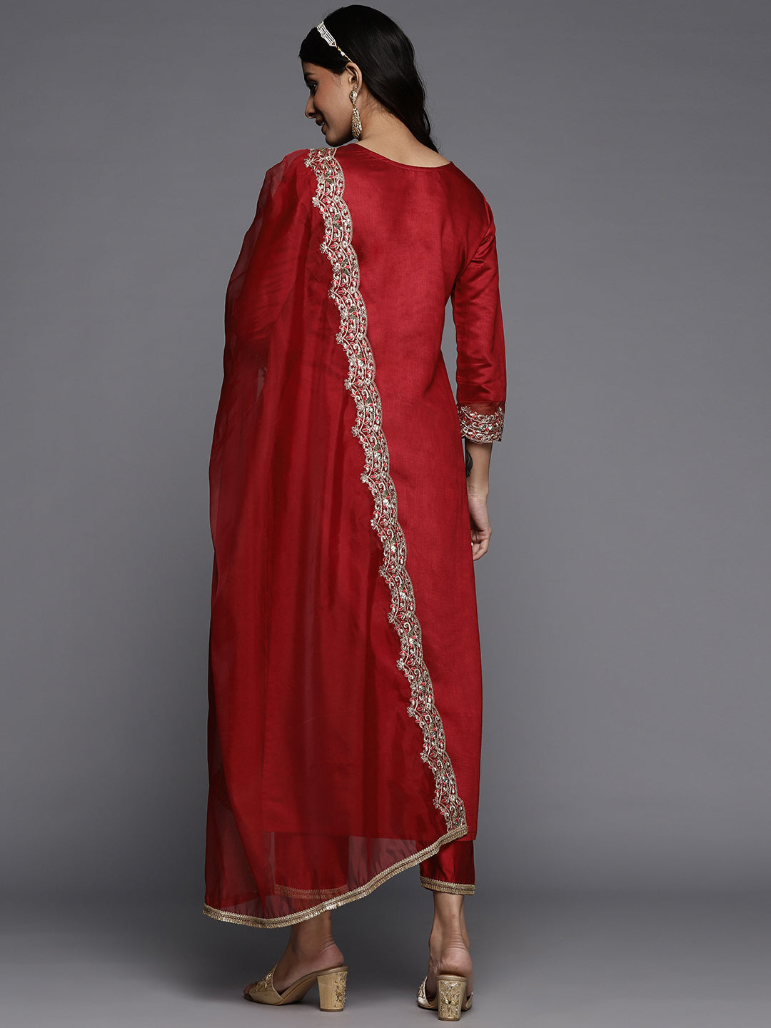 IE Red Embroidered Straight Kurta Palazzos With Dupatta Set